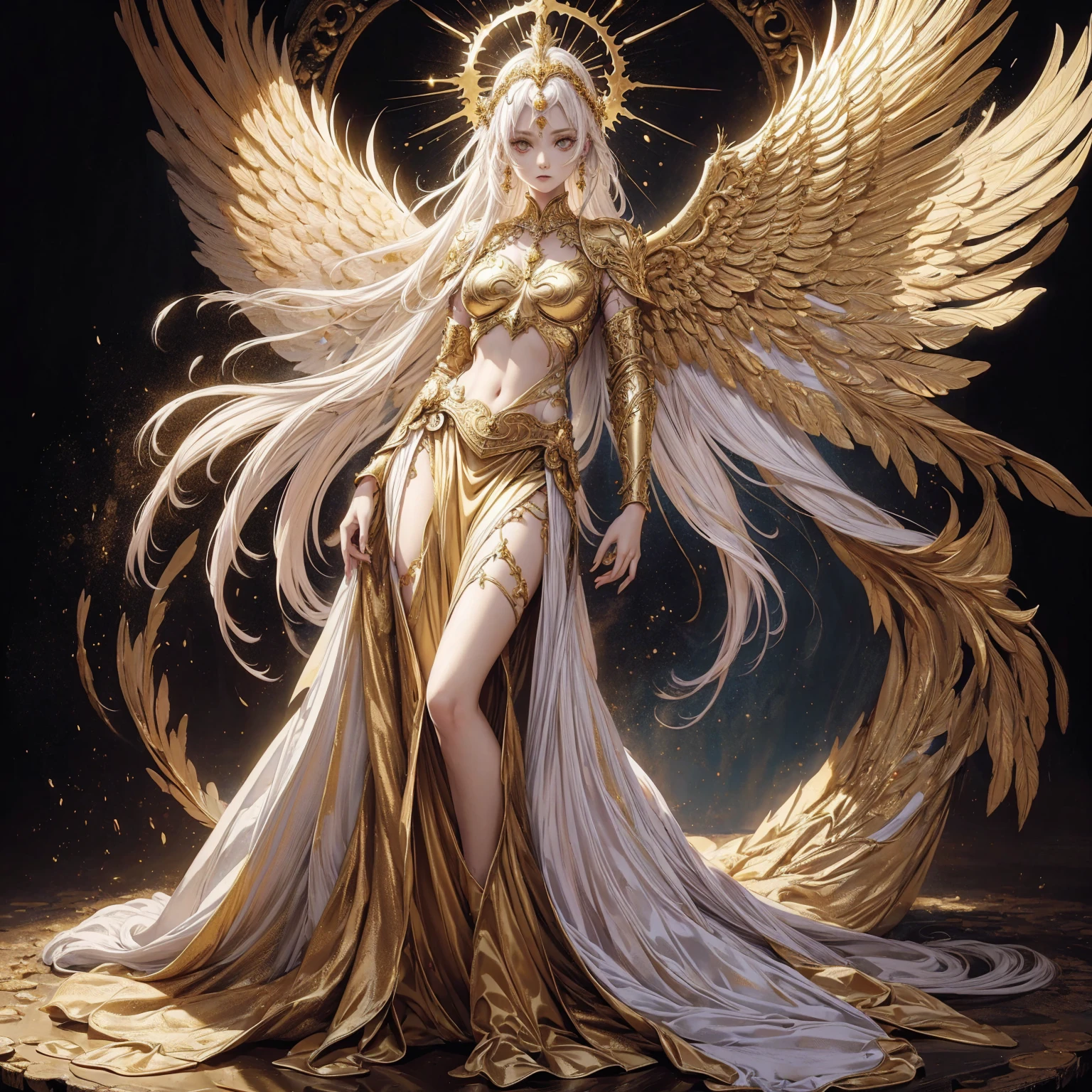 Art of Woman Wearing Sun Crown, Wearing a gorgeous golden breastplate that exposes a small amount of skin above the chest, Wearing a gorgeous golden skirt, A pair of giant angel wings taller than the body spread out behind the woman., ancient goddess art, Sacredness. Very detailed, Mysterious inspiration, Inspiration from the Sun God, Religious inspiration, Cold and snobbish face, Dangerous expressions, White hair, Standing, Full body portrait, Gothic art style, Weird art style, Occult art