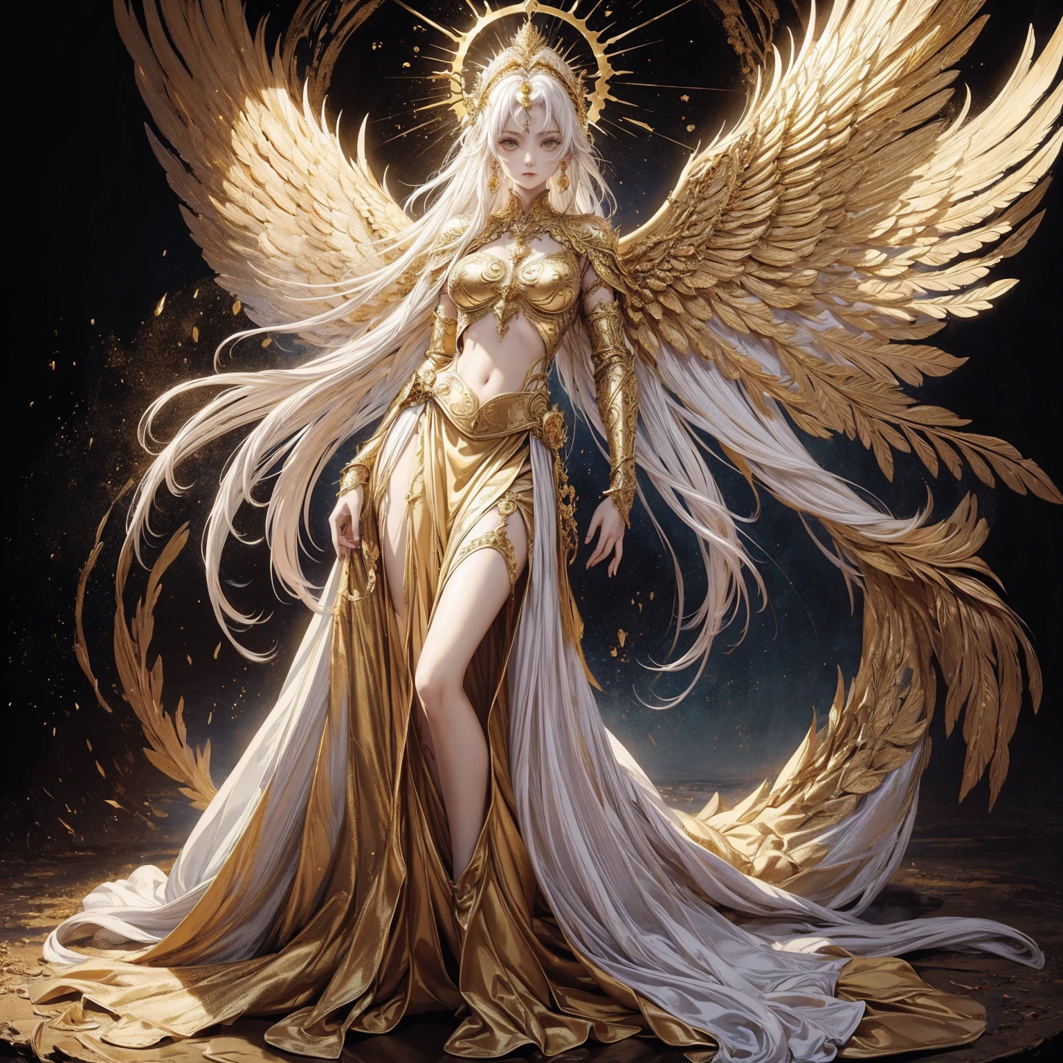 Art of Woman Wearing Sun Crown, Wearing a gorgeous golden breastplate that exposes a small amount of skin above the chest, Wearing a gorgeous golden skirt, A pair of giant angel wings taller than the body spread out behind the woman., ancient goddess art, Sacredness. Very detailed, Mysterious inspiration, Inspiration from the Sun God, Religious inspiration, Cold and snobbish face, Dangerous expressions, White hair, Standing, Full body portrait, Gothic art style, Weird art style, Occult art