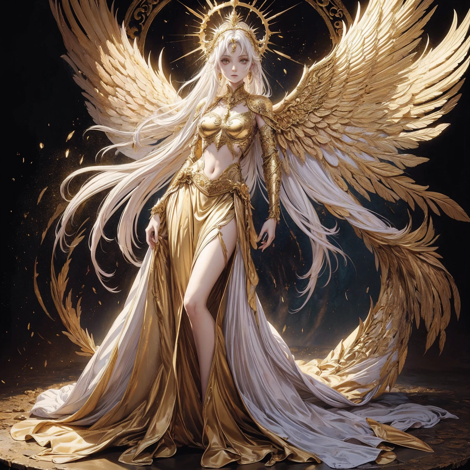 Art of Woman Wearing Sun Crown, Wearing a gorgeous golden breastplate that exposes a small amount of skin above the chest, Wearing a gorgeous golden skirt, A pair of giant angel wings taller than the body spread out behind the woman., ancient goddess art, Sacredness. Very detailed, Mysterious inspiration, Inspiration from the Sun God, Religious inspiration, Cold and snobbish face, Dangerous expressions, White hair, Standing, Full body portrait, Gothic art style, Weird art style, Occult art
