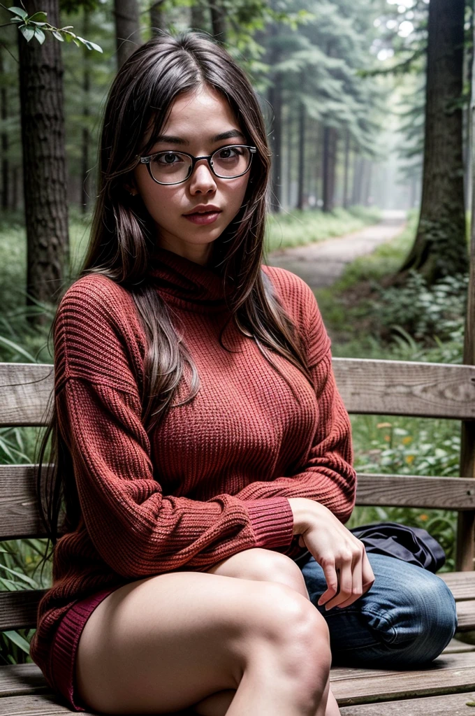 realist, (expansion:1.3, exposed face), low angle, (seen from below), Japanese young woman with hood, (long sleeves (Red sweater:1.2), jeans oversize), Beautiful surreal woman with dull blue eyes wearing glasses , natural sagging breasts, Highly detailed official illustrations., Beautiful girls with slim body and chest posture., long legs, queso, (attractive possession:1.3, Cross your arms and lift your chest.), On the bench (nature misty forest:1.2), nature background, Dubnitsky David fan art, realist portrait, soft realist, Perfect images of cute girls., cute girls with soft faces, facial focus, Makoto Shinkai and Artgerm, Photon mapping, natural light, warm tones, vivid colors, cool environment, A misty atmosphere