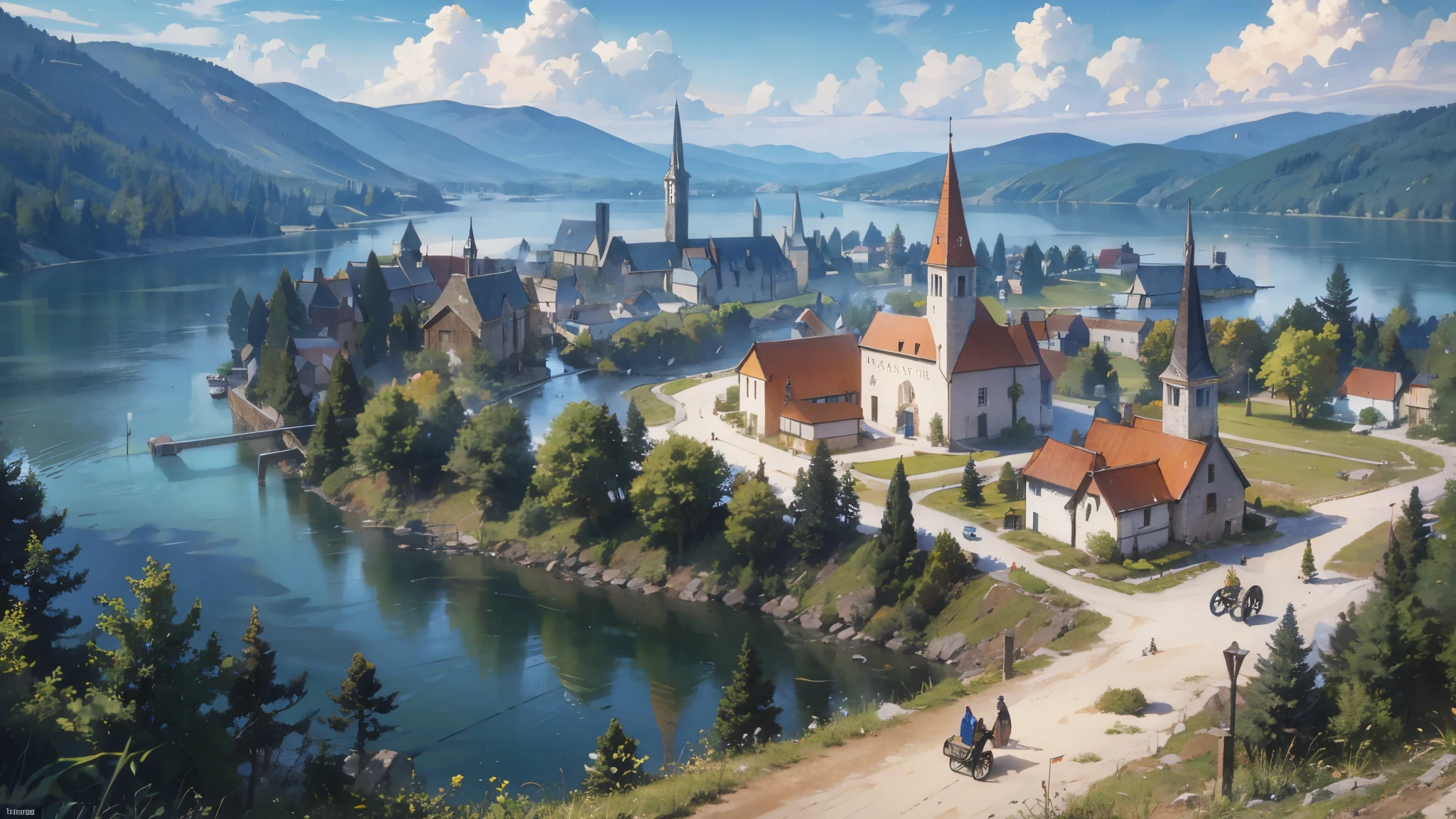 A medieval fantasy world where a horse-drawn carriage runs along a forest road along a river leading to a lake, passing travelers, and a small village with a small church can be seen in the distance.