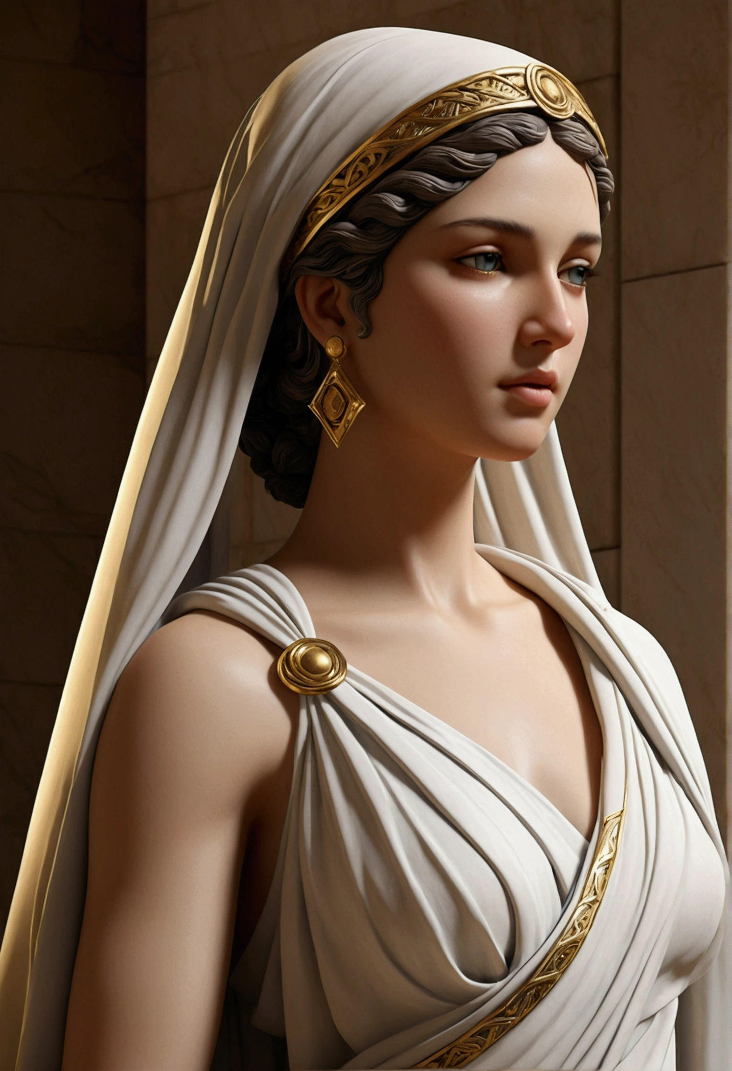 You are welcome:, create an exceptionally realistic image of a marble statue in the style of Octane Render, depicting a standing beautiful woman, Elegantly positioned in a cultured pose. The smallest details and precise proportions are essential to convey beauty and aesthetic perfection. The statue should display realistic textures and reliefs, Imitation of marble and its nuances. Lighting must be carefully adjusted, to improve the stats of the statue, while realistic shadows add depth to the composition.
The female figure must be wearing a veil, that wraps around her body, emphasizing the delicacy and sensuality of the pose. Every detail of the statue, From the features of the face to the folds of the veil, must be cut with precision. Symmetry must be flawless, reflecting the classical aesthetics of Greek sculpture. The Greek style should be emphasized, to capture the grace and harmony of human forms.
The image must be rendered in 8K UHD using Octane Render, Delivering Exceptional Clarity, to appreciate every detail. The final scene should be a visual masterpiece, celebrating feminine beauty and sensuality, embodying the timeless elegance of Greek style in an artistically refined performance