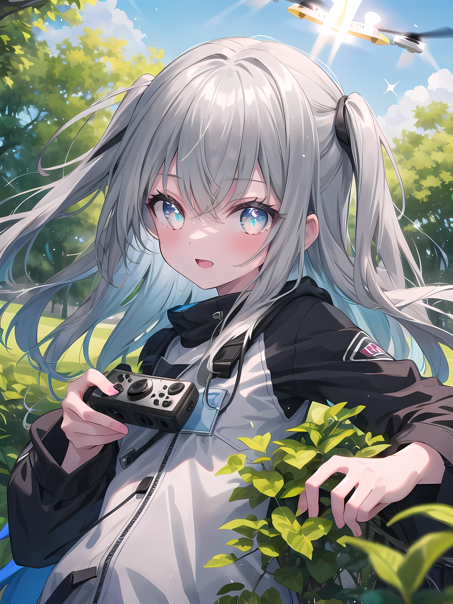 ((8k, best quality, master piece: 1.3)),super high resolution,(1 girl, solo), (colorshift eyes, hyperdetailed, expressive sparkling, glitter, glowing eyes), ultra detailed eyes, ultra-detailed face, random hair, ((silver gray color)),Please draw an 11 year old girl operating a drone in a park. The girl is dressed casually and has an excited expression on her face as she controls the drone remote control against a background of blue sky and greenery. The camera angle should be from the front of the girl holding the drone remote control. The background includes the greenery of the park and the sky where the drone is flying, with bright sunlight illuminating the girl and the park. Props should include the drone and its remote control, and the color scheme should be light hues of the natural greenery of the park and the blue sky.