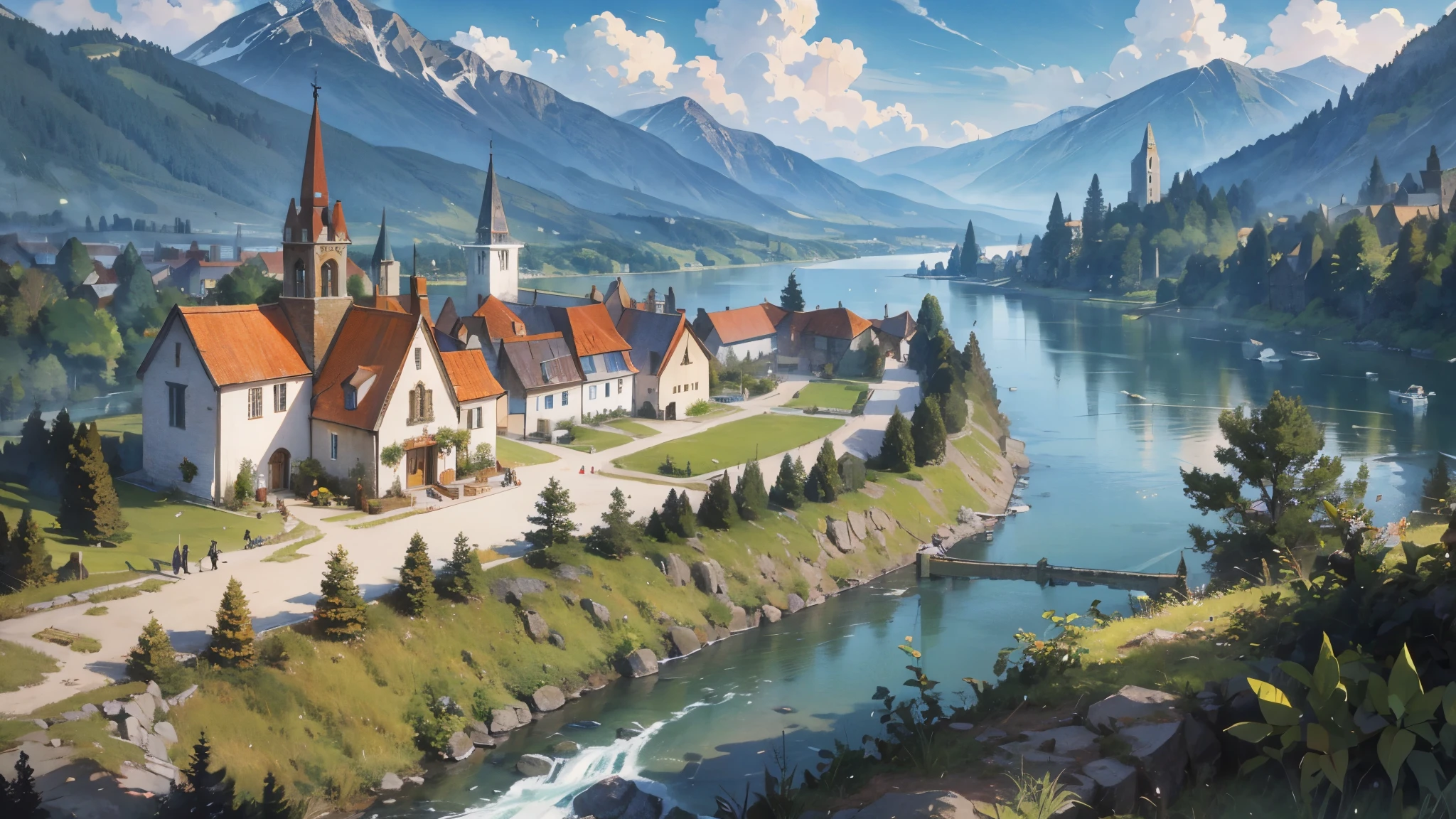 A medieval fantasy world where a horse-drawn carriage runs along a forest road along a river leading to a lake, passing travelers, and a small village with a small church can be seen in the distance.