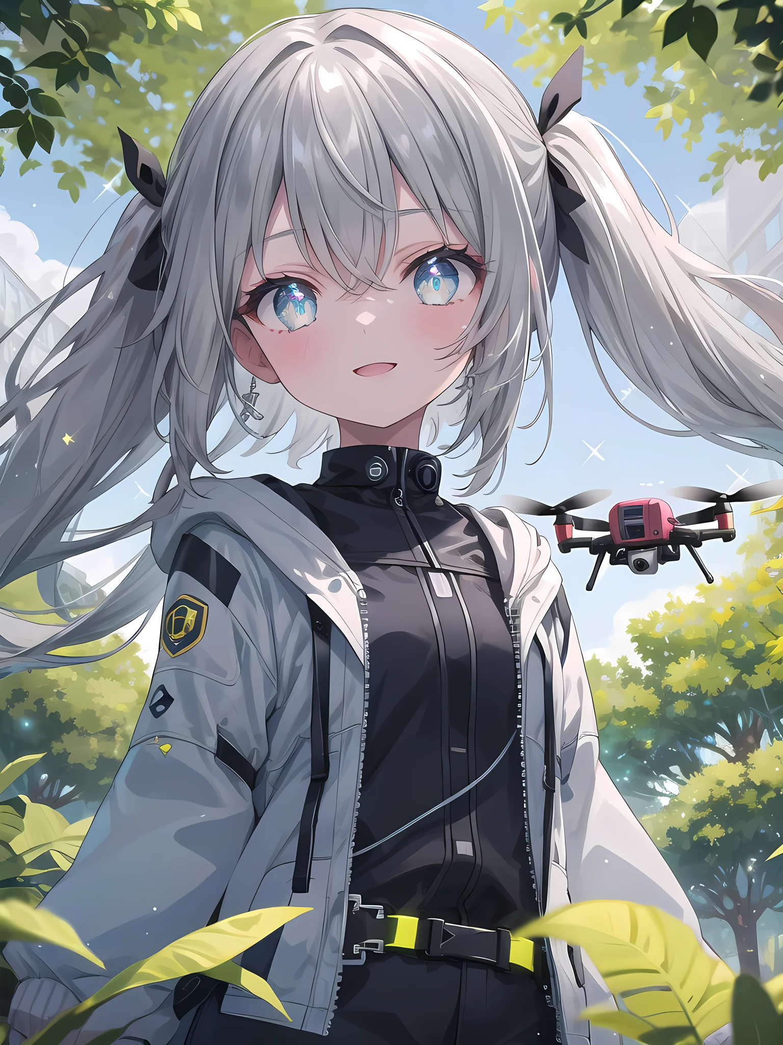 ((8k, best quality, master piece: 1.3)),super high resolution,(1 girl, solo), (colorshift eyes, hyperdetailed, expressive sparkling, glitter, glowing eyes), ultra detailed eyes, ultra-detailed face, random hair, ((silver gray color)),Please draw an 11 year old girl operating a drone in a park. The girl is dressed casually and has an excited expression on her face as she controls the drone remote control against a background of blue sky and greenery. The camera angle should be from the front of the girl holding the drone remote control. The background includes the greenery of the park and the sky where the drone is flying, with bright sunlight illuminating the girl and the park. Props should include the drone and its remote control, and the color scheme should be light hues of the natural greenery of the park and the blue sky.