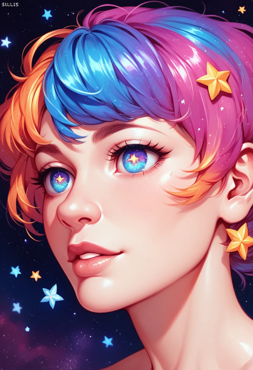 A close-up of a single human eye with the iris resembling a swirling galaxy, featuring deep blues, purples, and sparkling stars, with the pupil at the center of the galaxy and intricate cosmic details