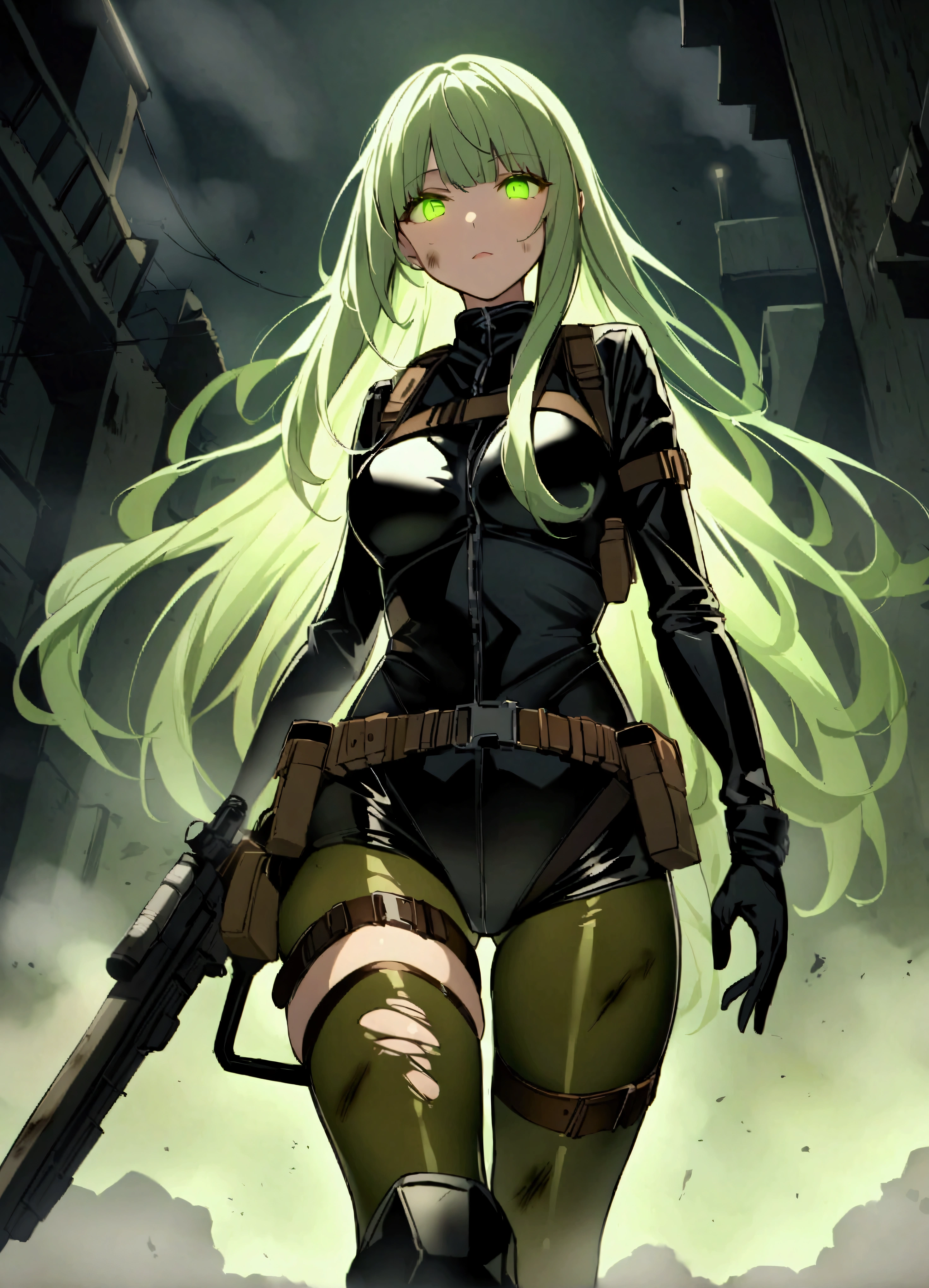 score_9、score_8_up、score_7_up、source_アニメ、One girl、dirty、Nuns、Long Hair、Disheveled Hair、Medium chest、Cowboy Shot、latex、tactical wear、leotard、Torn pantyhose、gloves、Harness、belt、Thigh straps、gas mask、Holstered Weapon、弾薬belt、Post-apocalyptic、Dystopia、Glowing Eyes、Green Eyes、Sagging under the eyes、Dim lighting、Green Aura、fog、an  ominous、Low - Angle、Dynamic pose、walking、shortening、