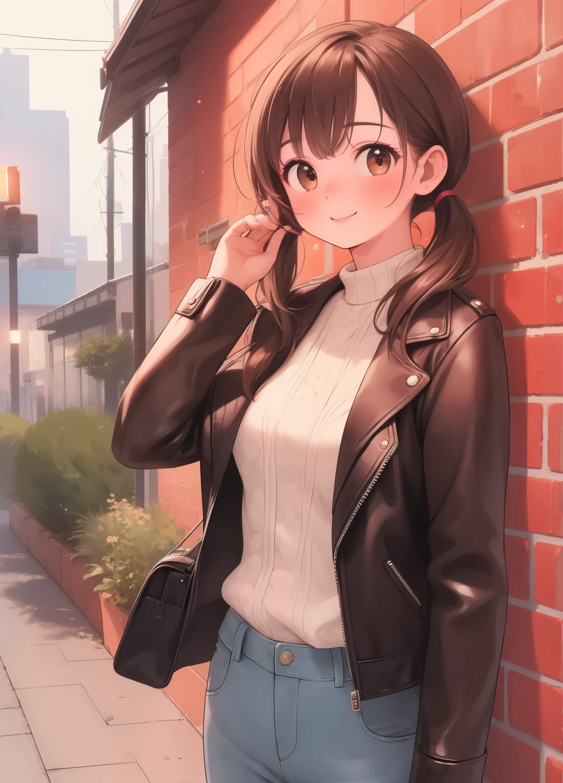 (masterpiece、Highest quality、Highest quality、Official Art、Beautiful and beautiful:1.2)、(One girl:1.3)Hatsune Miku、Twin tails,Beautiful breasts, photograph, Ultra-realistic, Extremely detailed, masterpiece, Highest quality, Perfect Skin,Day焼け肌, One girl, alyxvance,Day, Are standing, Leaning against a wall, Dutch Angle,Modern city, jeans, leather jacket,Long sleeve, Brown eyes,smile, Happy, Portraiture, Upper Body, Brown lipstick,Shiny Hair, Handbag