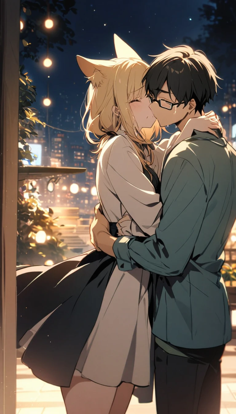 two people, one boy one girl, both are blond hair, the girl has cat ears, the boy wear glasses, the girl is crying, the girl hugs the boy, boy back to the viewer, night, standing, closing eyes