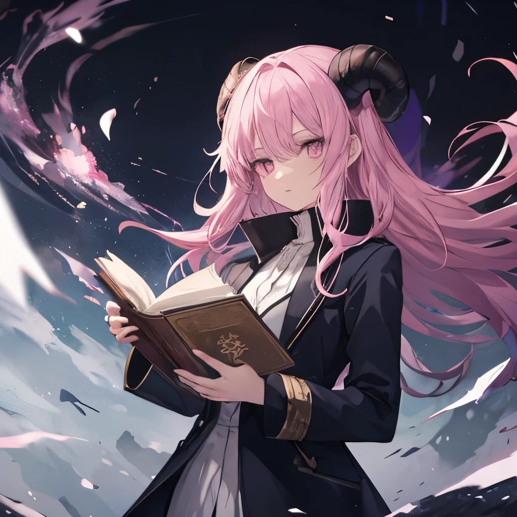 An anime-style illustration of ‘Fua-chan’ cosplaying as Chrollo Lucilfer from ‘Hunter x Hunter.’ Fua-chan has distinctive features: long pink hair styled in soft curls resembling sheep’s horns, and pink eyes. She is depicted wearing Chrollo’s signature outfit, which includes a dark, long coat with a high collar and white cross motifs. She holds a book or other prop associated with Chrollo. Her expression is calm and enigmatic, capturing Chrollo’s mysterious and charismatic personality. The background shows a setting that complements the character, such as a dark and atmospheric environment with subtle hints of the ‘Hunter x Hunter’ world.