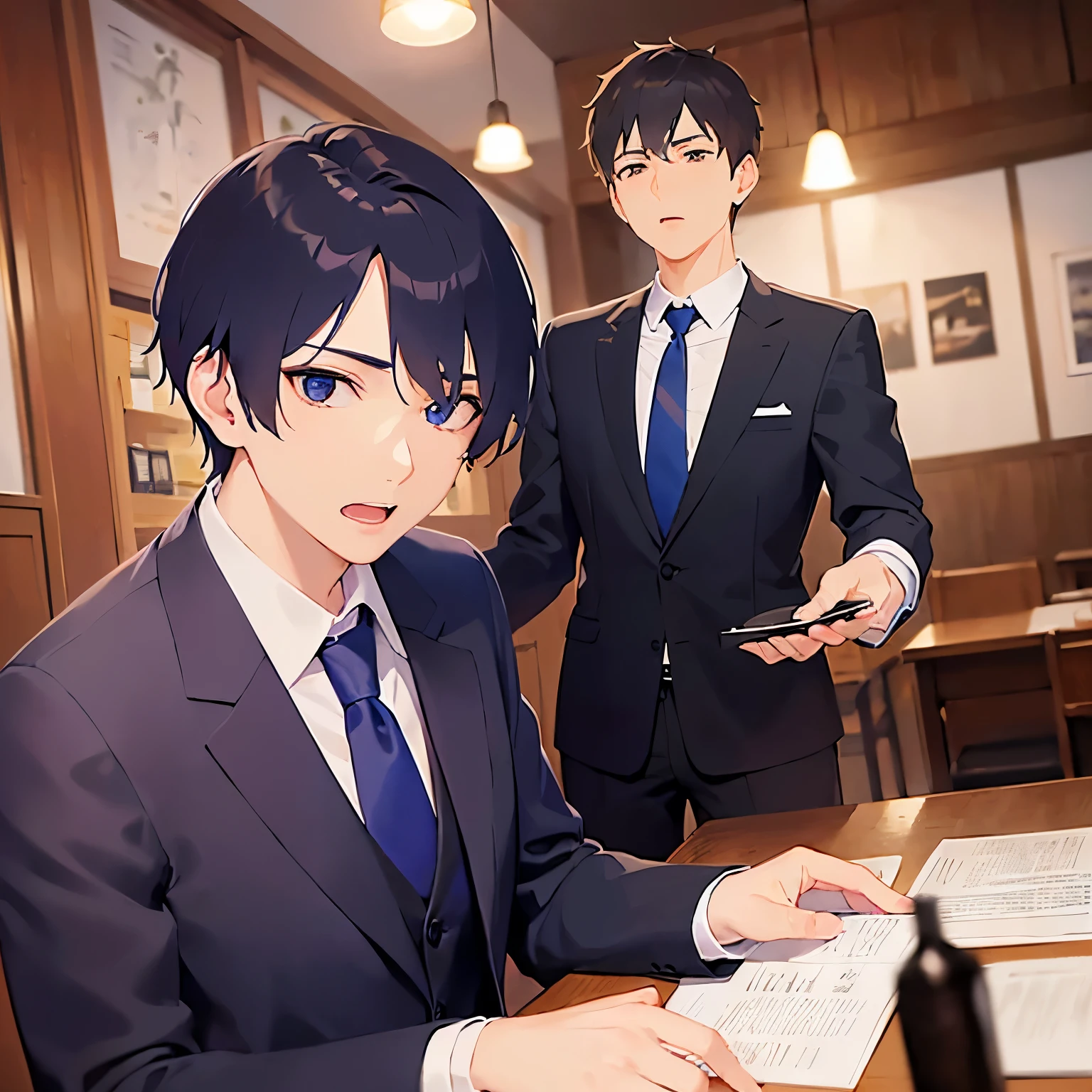 masterpiece、Highest quality、
(25-year-old male:1.5) and(Black short hair) and (blue eyes), 
(suit:1.5) and (Blue tie）(suit:1.5) and (Blue tie）、
Upset,open mouth,The background is the interior of an izakaya at night.、Hands outstretched