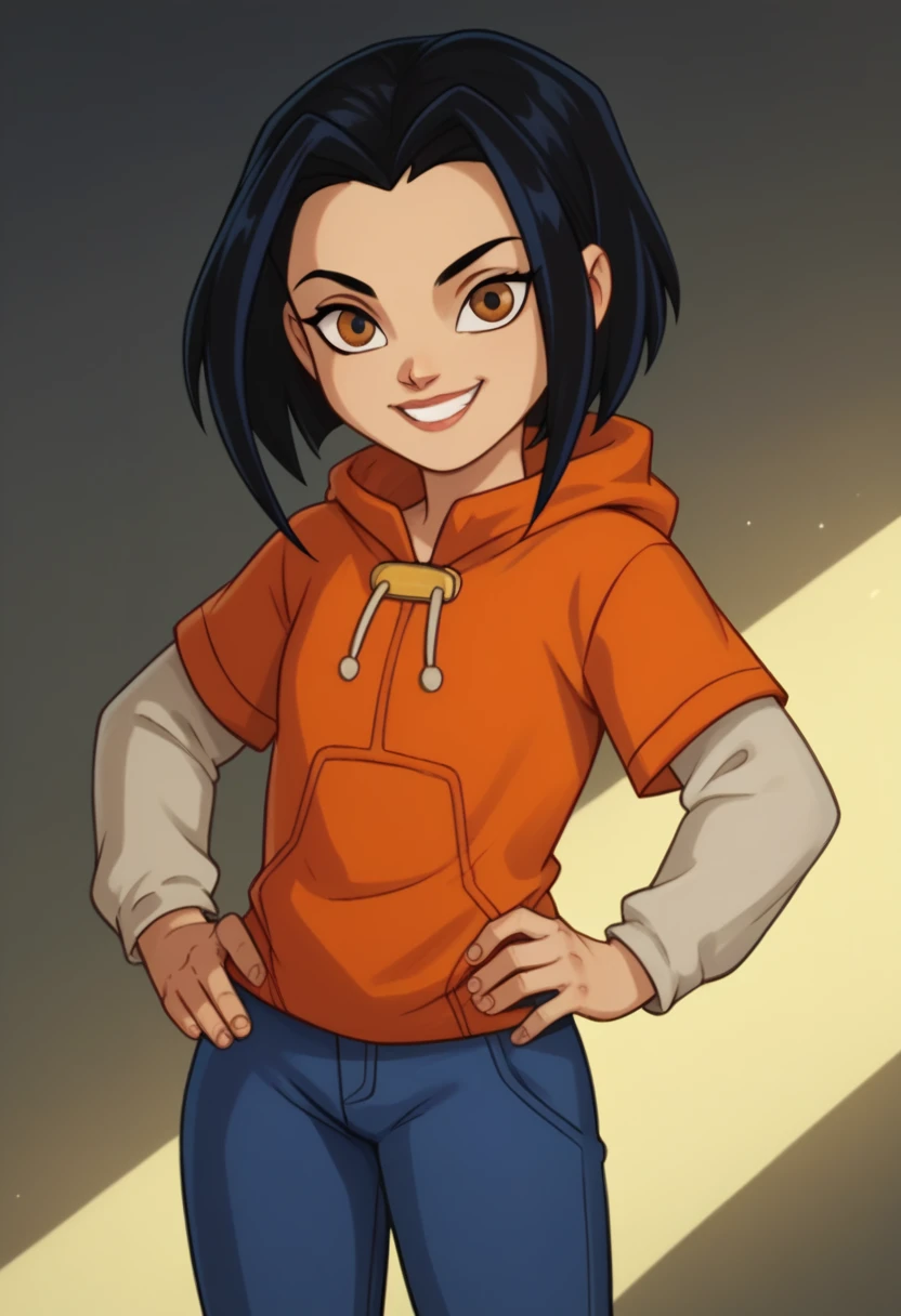 jadechan, 1girl, black hair, brown eyes, solo, short hair, long sleeves, orange hoodie, hood, smile, pants, looking at viewer, score_9, score_8_up, score_7_up, score_6_up, score_5_up, score_4_up, looking at viewer, hand on own hip, cowboy shot,