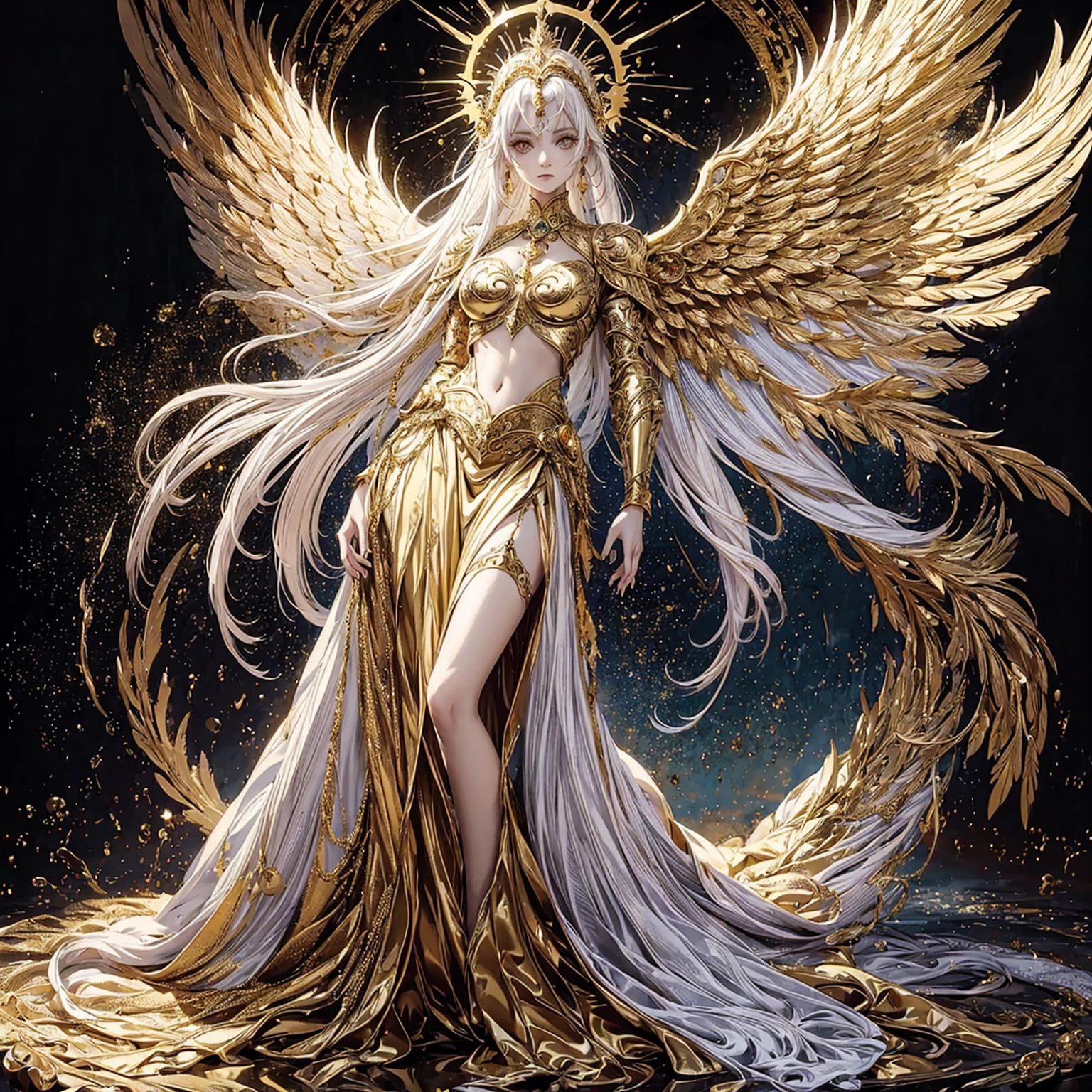 Art of Woman Wearing Sun Crown, Wearing a gorgeous golden breastplate that exposes a small amount of skin above the chest, Wearing a gorgeous golden skirt, A pair of giant angel wings taller than the body spread out behind the woman., ancient goddess art, Sacredness. Very detailed, Mysterious inspiration, Inspiration from the Sun God, Religious inspiration, Cold and snobbish face, Dangerous expressions, White hair, Standing, Full body portrait, Gothic art style, Weird art style, Occult art