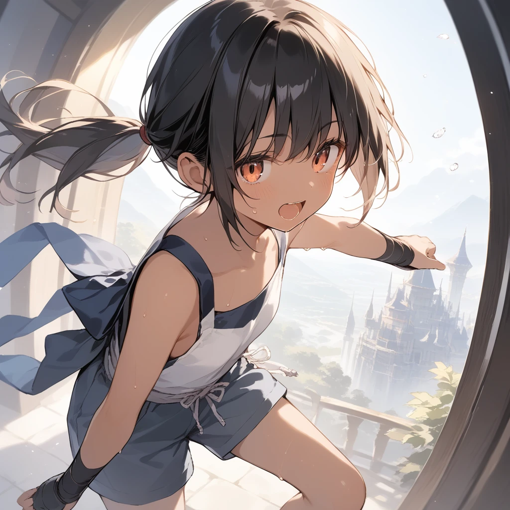 score_9, score_8_up, score_7_up, source_anime, best quality, masterpiece, official art, absurdres, highres, ultra-detailed,waifu2x,Collection: Slice of Life,break,1girl, tomboy, dark-skinned female, short hair, low ponytail, flat chest, beautiful detailed eyes, ninja, shorts, sweat, open mouth, (yawn:0.3), sleepily, outdoors, japanese castle, wind,break,(clear line illustration:1.2), super detailed skin,very high resolution, very aesthetic, Best sexual lighting powered by famous artist, 8k,cute picture,beauty illustration,photoshop_(medium),,(Detailed Lighting),best anime 8k konachan wallpaper, pixiv contest winner, 