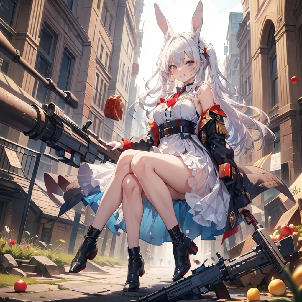 (masterpiece), Highest quality, Fantasy art, One girl,alone, a girl firing her long machine gun in Wonderland, white_hair, long hair, anger, Grin, smile, (red_Food:1.4), Bunny ears, Long coat, skirt, boots, (((Ammunition belt))), gun, Bullet casing, machine gun, arms, (Wonderland:1.2), city、Alice in Wonderland、Trump、🐇、