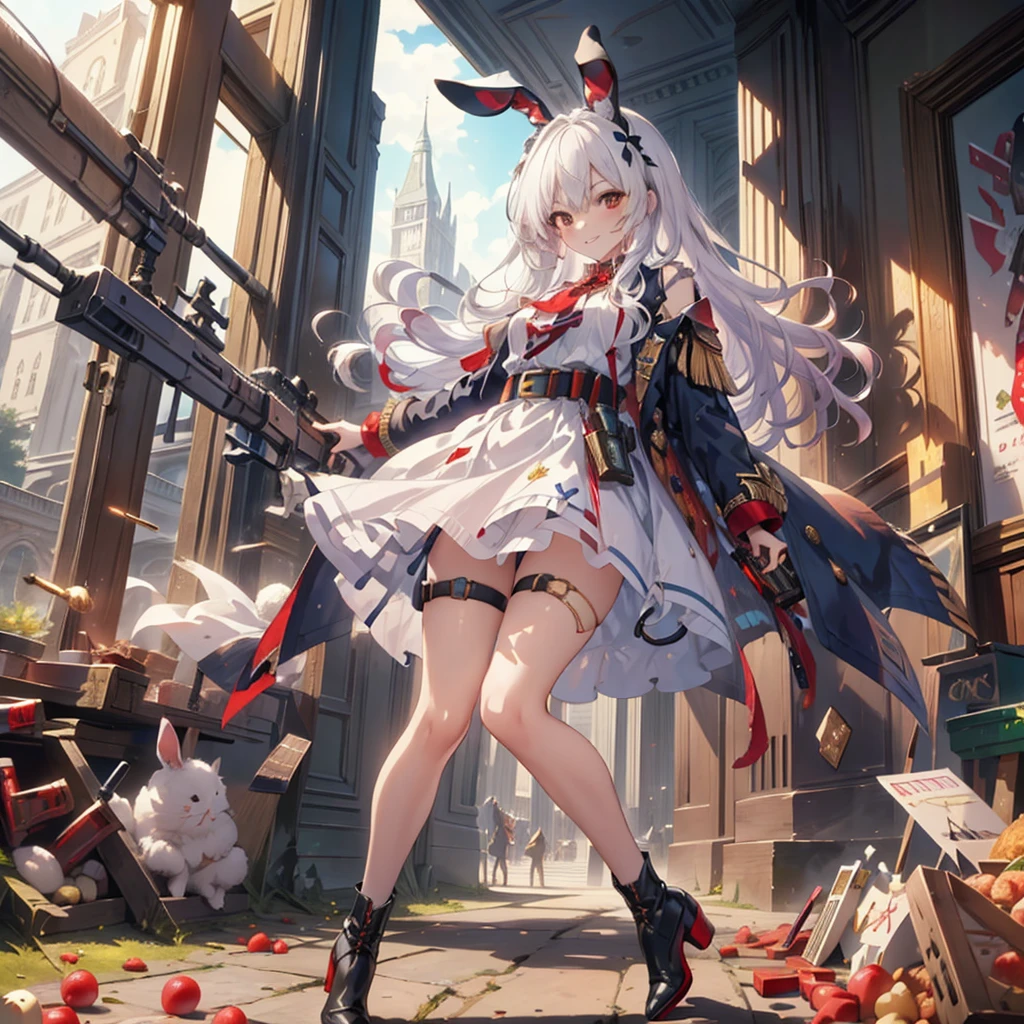 (masterpiece), Highest quality, Fantasy art, One girl,alone, a girl firing her long machine gun in Wonderland, white_hair, long hair, anger, Grin, smile, (red_Food:1.4), Bunny ears, Long coat, skirt, boots, (((Ammunition belt))), gun, Bullet casing, machine gun, arms, (Wonderland:1.2), city、Alice in Wonderland、Trump、🐇、