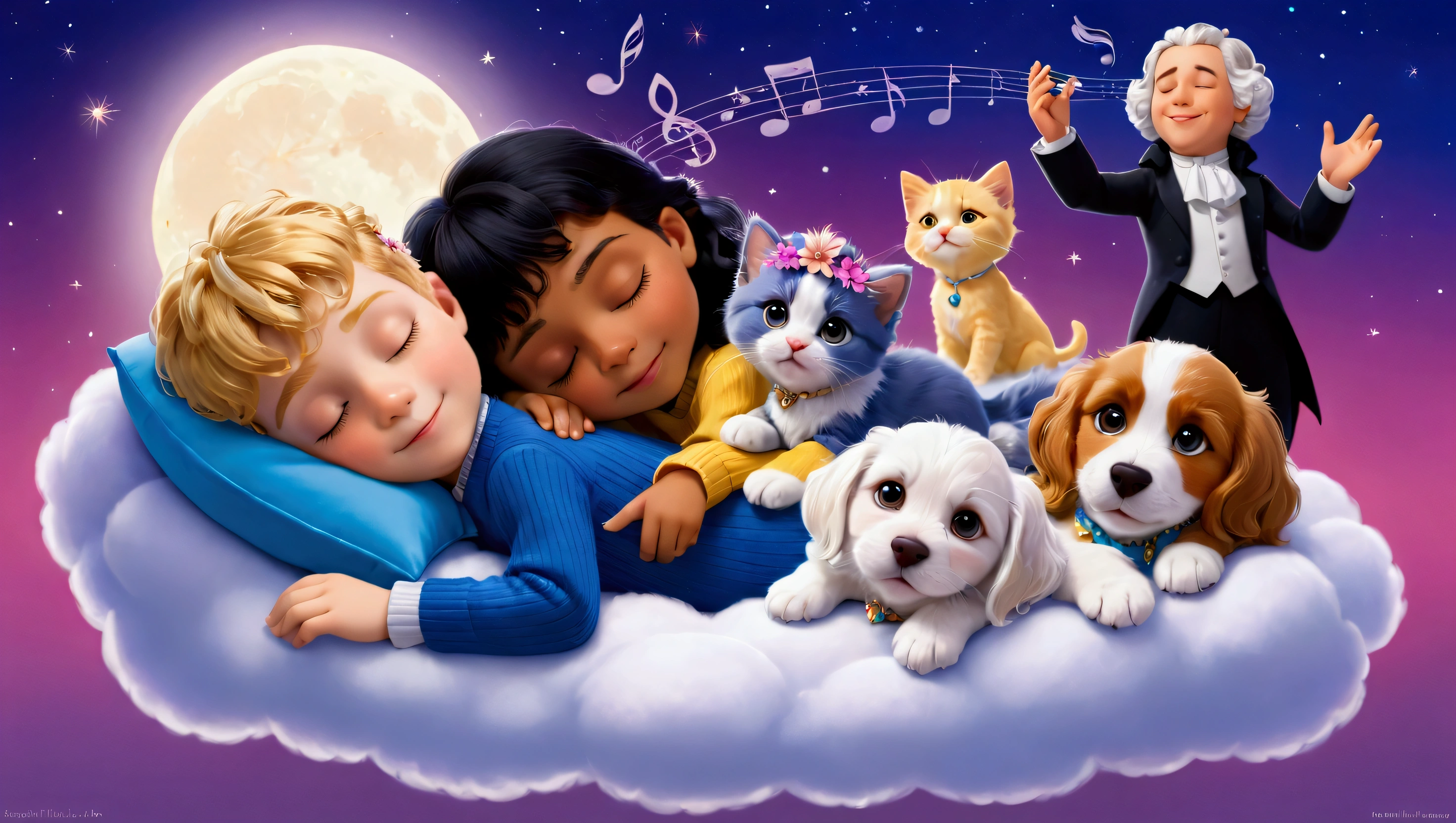 An image of a blond 5 year old boy with yellow curly hair, sleeping with a lhaza apso puppy, white with caramel spots on the eyes, paws and tail, a blue kitten, a yellow kitten with a vondutch cap and a pink kitten with a flower tiara on her head, everyone sleeps peacefully with a slight smile in their eyes, as if they were dreaming, they sleep on a cloud with a background of a beautiful starry night and a figure that represents a version of Amadeus Mozart as he is telling the characters to sleep.