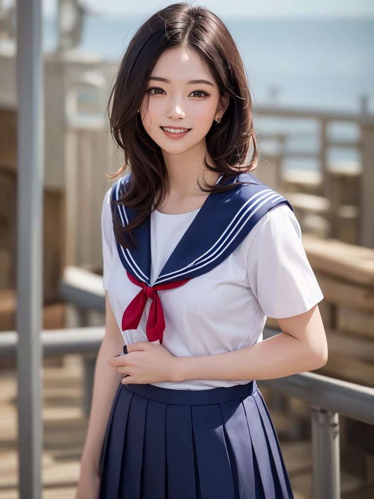 (Highest quality、8k、32K、masterpiece)、(Realistic)、(Realistic:1.2)、(High resolution)、Very detailed、Very beautiful face and eyes、(((Women's Solo Shot)))、Frame In、Tight waist、(Highest quality、Attention to detail、Rich skin detail)、(Highest quality、8k、Oil paints:1.2)、(Realistic、Realistic:1.37)、Bright colors、(((Cowboy Shot)))、(((Medium Hair)))、(((smile)))、(((Brown Hair)))、(((Sailor suit、Red ribbon tie、Short sleeve)))、(((Navy blue pleated skirt)))、(((I'm in the infirmary)))、((Sitting on bed))、(((school uniform, Sailor suit、白いSailor suit, Dark blue pleated skirt:1.23)))