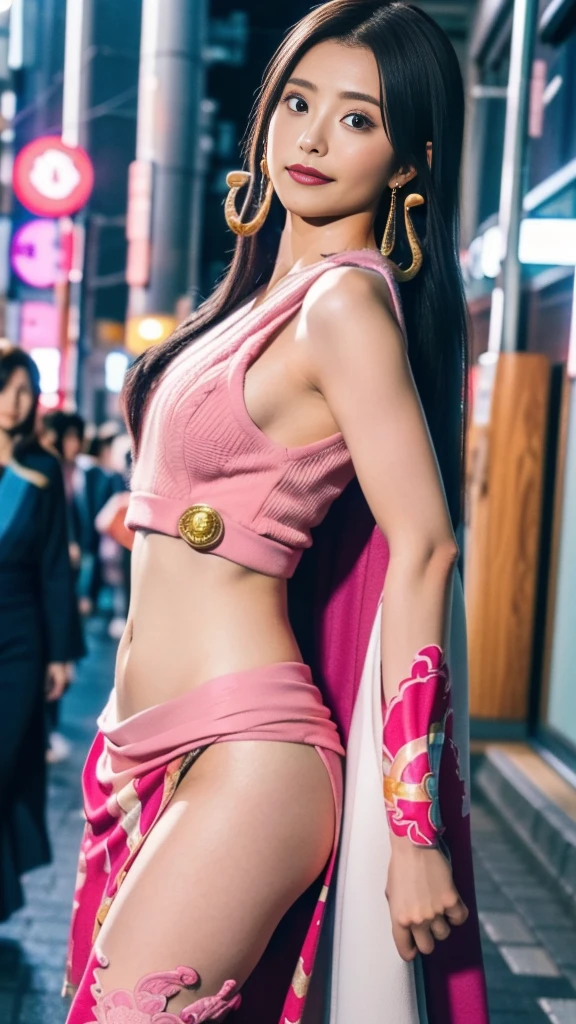 Moisturized Skin、(Pink and bright eyes),(Condescending to people)、Perfect body、
BREAK,
(Beautiful navel),(Side slits),(Epaulettes), Cape, Crop top,Cape,
BREAK,
(Super long hair),(Large gold curved earrings:1.2),
BREAK,
(((masterpiece+Highest quality+High resolution+Very detailed))),  (whole body:1.2),Symmetrical,One Cut,
BREAK,
(In the streets of Japan:1.3),
BREAK、
（ONE PIECE）、(Kasumi Arimura:1.4),(Boa Hancock:1.3),((Big snake)),