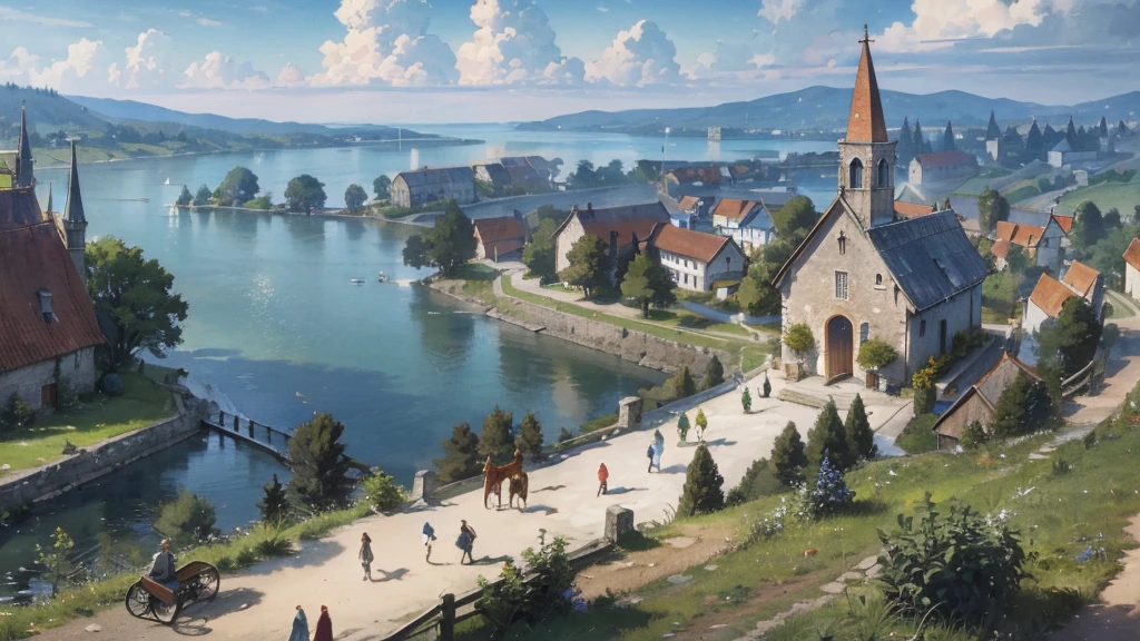 A medieval fantasy world where horse-drawn carriages run along the forest road along the river leading to a very small village on the shore of a lake, travelers come and go, and a small church can be seen in the distance.