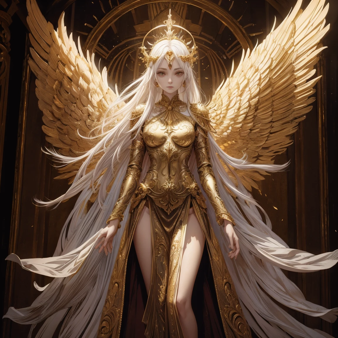 Art of Woman Wearing Sun Crown, Wearing a gorgeous golden breastplate that exposes a small amount of skin above the chest, Wearing a gorgeous golden dress, A pair of giant angel wings taller than the body spread out behind the woman., ancient goddess art, Sacredness. Very detailed, Mysterious inspiration, Inspiration from the Sun God, Religious inspiration, Cold and snobbish face, Dangerous expressions, White hair, Standing, Full body portrait, Gothic art style, Weird art style, Occult art