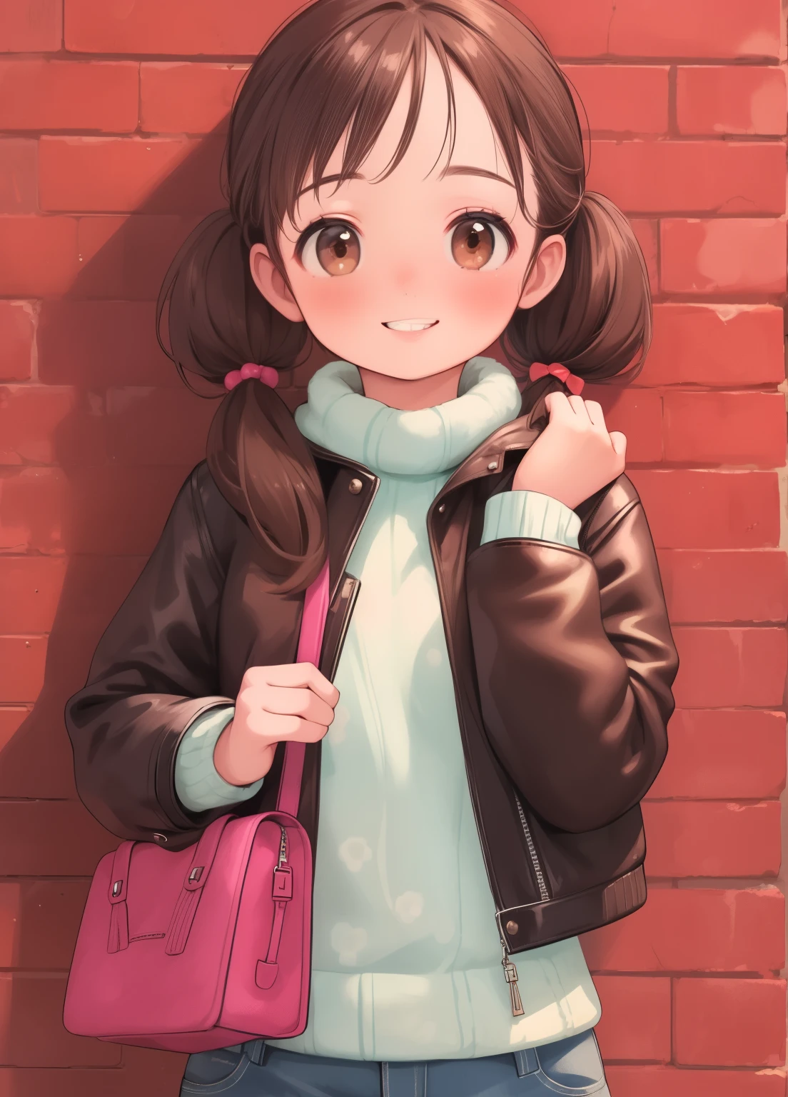 (masterpiece、Highest quality、Highest quality、Official Art、Beautiful and beautiful:1.2)、(One girl:1.3)Hatsune Miku、Twin tails,Beautiful breasts, photograph, Ultra-realistic, Extremely detailed, masterpiece, Highest quality, Perfect Skin,Day焼け肌, One girl, alyxvance,Day, Are standing, Leaning against a wall, Dutch Angle,Modern city, jeans, leather jacket,Long sleeve, Brown eyes,smile, Happy, Portraiture, Upper Body, Brown lipstick,Shiny Hair, Handbag