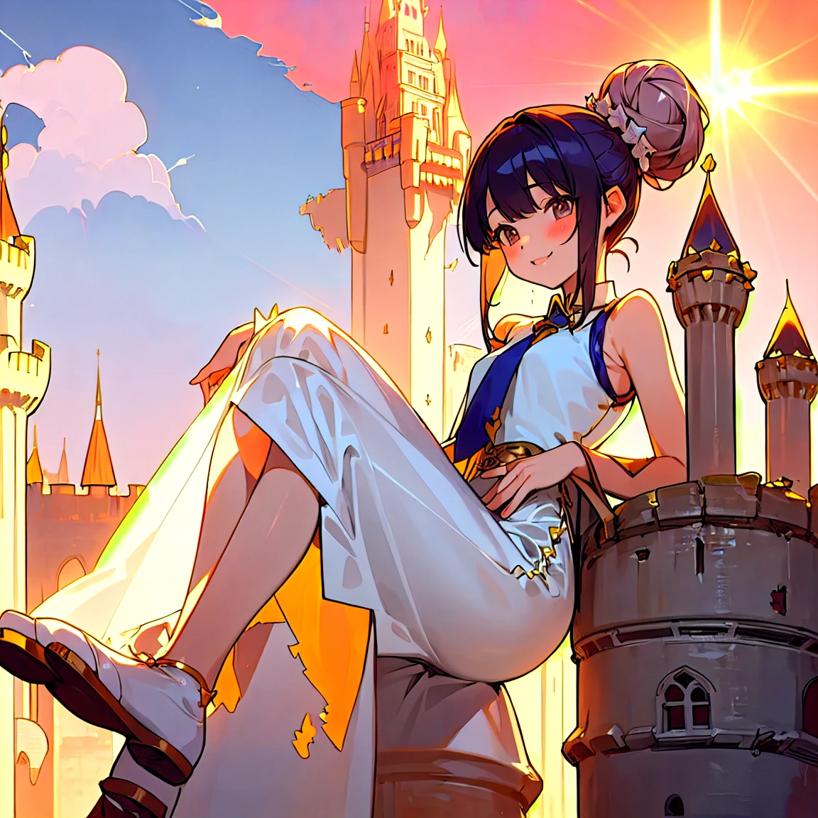 (masterpiece, best quality:1.2), dress,1girl, hair bun, hair ornament, smiling, white clothes, sleeveless, cheongsam, princess dress, collared shirt, necktie, long dress, frill panniers, metamorphosis is exposed, leggings, boots, sandals, bare legged, background with((fantasy world, ruin, castle, beautiful sky, shining sky, sunshine:1.35))