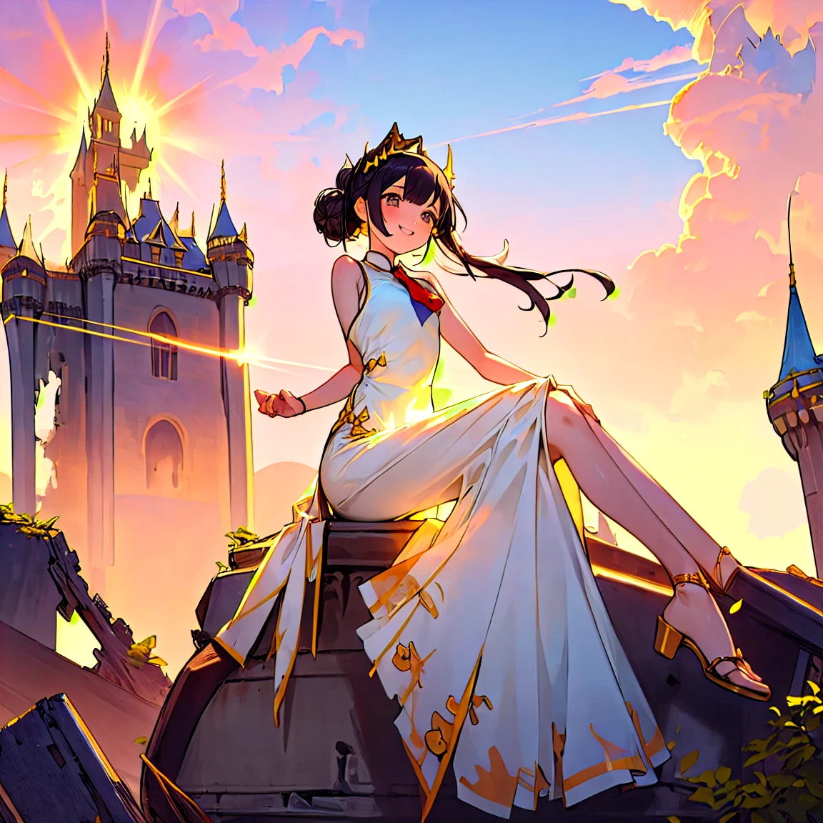 (masterpiece, best quality:1.2), dress,1girl, hair bun, hair ornament, smiling, white clothes, sleeveless, cheongsam, princess dress, collared shirt, necktie, long dress, frill panniers, metamorphosis is exposed, leggings, boots, sandals, bare legged, background with((fantasy world, ruin, castle, beautiful sky, shining sky, sunshine:1.35))