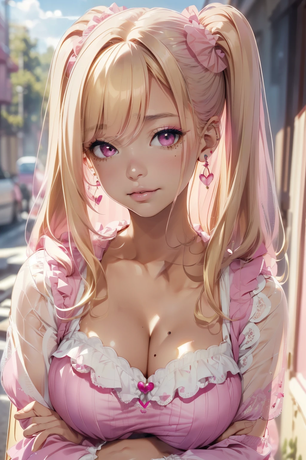 (best quality,4K,8k,high resolution,masterpiece:1.2),super detailed,(actual,realistically,realistically:1.37), Ultra high definition face, 1girl, dark-skin, eyeshadow, jewelry, lips, rosy cheeks, (cleavage of the breast:1.6), (press your chest together:1.5), (skin fang:1.2), (beautiful blonde hair with pink mesh:1.4), long_hair, looking_at_viewer, makeup, mole, mole_under_eye, nose, piercing, realistic, solo, stud_earrings, pink eyes, cupid, hearts, clouds, twin tails, pink atmosphere, pink lips, happy, huge hair, lots of hair, big , Lolita clothes, juicy lips, detailed eyes, random pose