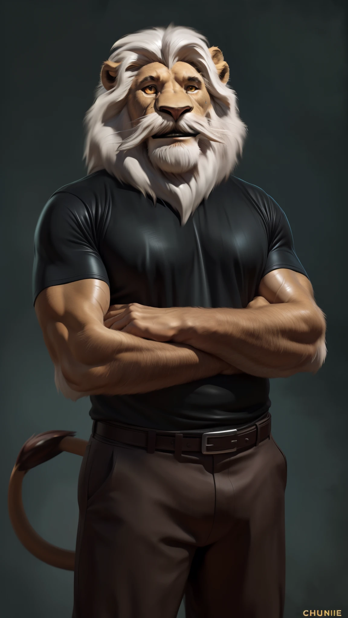 by chunie by catsudon by retros, male, ridiculuous, ((Full body Shot)),((Mature male)),posing,(((Mustache))), felid, solo, ((lion)), (white silver hair), facial hair, facing viewer, ((Highly detailed face)), (((Grandpa Figure))), ((smilling)), (happy), grey abstract background, ((Black t-shirt)),((Brown Shortpants)),(leather belt), smile, ((((wise)))), ((DILF)), Sweating, ((glistening body)), dad bod,UHD, anatomically correct, super detail,highres,
