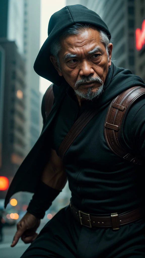 Picture a bustling cityscape where chaos ensues as a villain wreaks havoc. Suddenly, a Malay old man emerges, donning a traditional superhero costume with a modern twist. His cape billows behind him as he soars through the air, ready to confront the villain and protect the city from harm, 28mm lense, extreme close up shot, muted color grading, depth of field cinematography, a thriller film style, high quality, ultra detail, 8k resolution