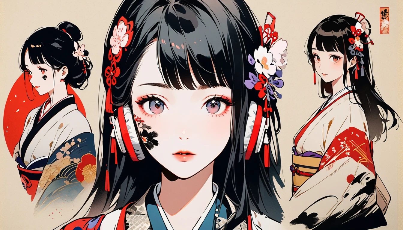 Fashion portrait color photos, Ink Painting, (((1 girl))), (((Tattoo on face))), (((Gorgeous hair accessories))), Japanese style headphones, face close-up, Japanese beautiful girl, Black Hair, Delicate and precise, Modern ukiyo-e style