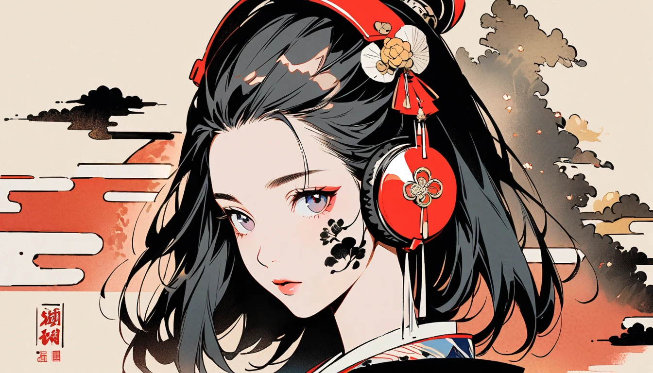 Fashion portrait color photos, Ink Painting, (((1 girl))), (((Tattoo on face))), (((Gorgeous hair accessories))), Japanese style headphones, face close-up, Japanese beautiful girl, Black Hair, Delicate and precise, Modern ukiyo-e style