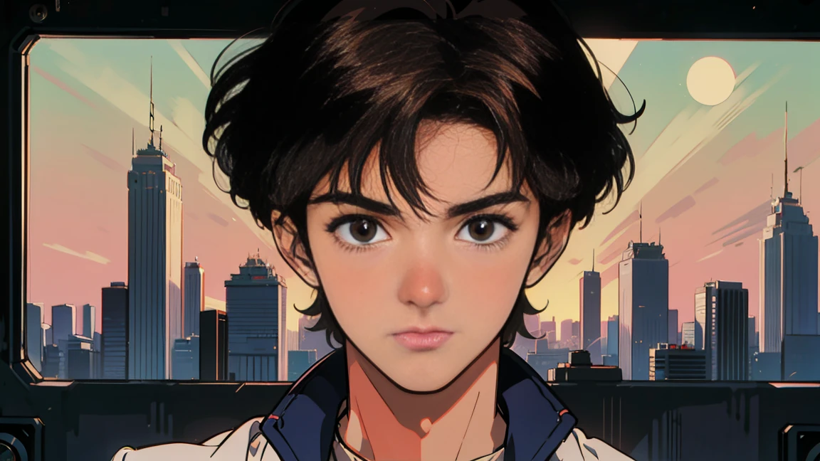 Highest quality, 8k, 1990s style,Hairstyles of the 2010s, 21 year old boy, Black Hair, Light brown eyes, City Pop, ,Night view, look at me, cassette tape
