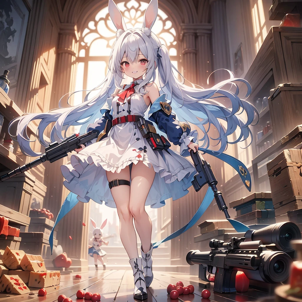 (masterpiece), Highest quality, Fantasy art, One girl,alone, a girl firing her long machine in Wonderland, white_hair, long hair, anger, Grin, smile, (red_Food:1.4), Bunny ears, Long coat, skirt, boots, (((Ammunition belt))), gunullet casing, machine gun, a, (Wonderland:1.2), city、Alice in Wonderland、Trump、🐇、