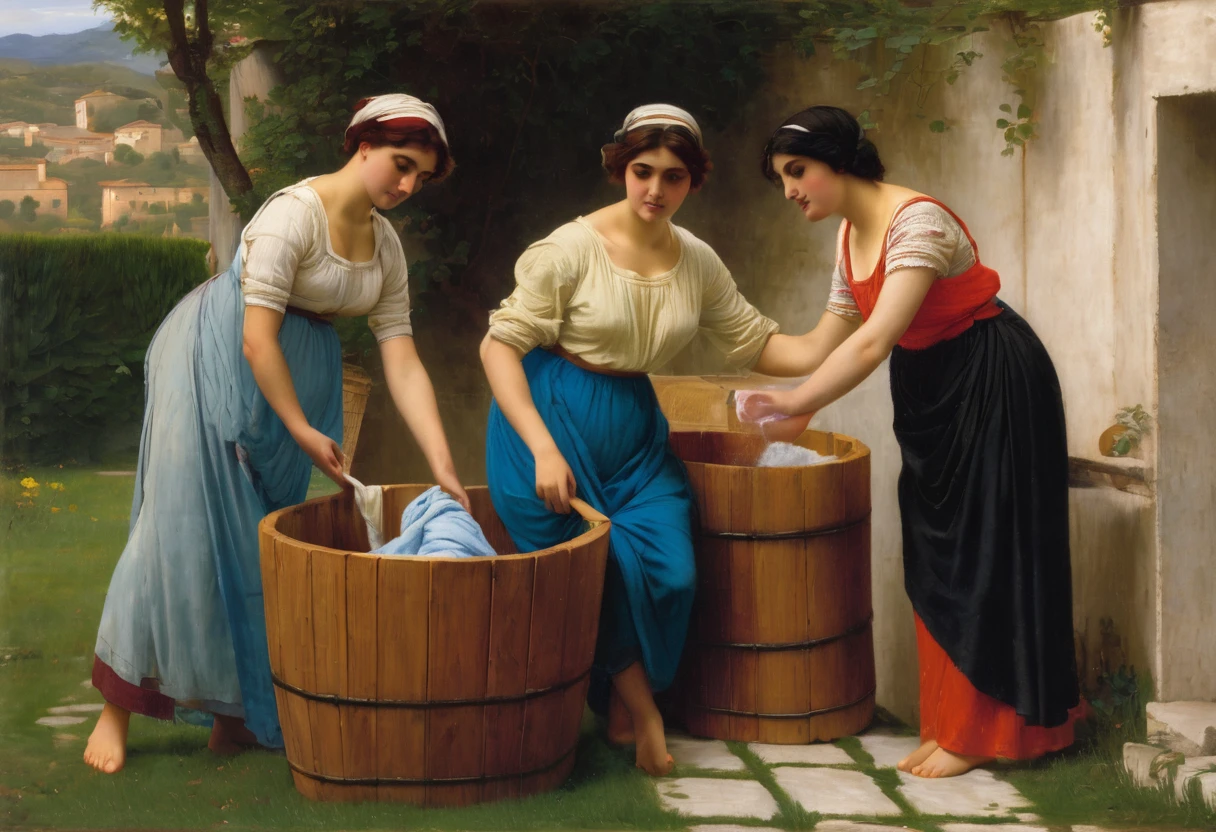 Painting of two women washing laundry in a wooden tub, Eugène de Blaas, Antonio Cisieri, Antonio Galli Bibiena, William Godward, Philippe de Laszlo, Gregorio Lazzarini, Carlo Mense, Charles Sillem Lidderdale, Carlo Galli Bibiena, Eugène Brandes
