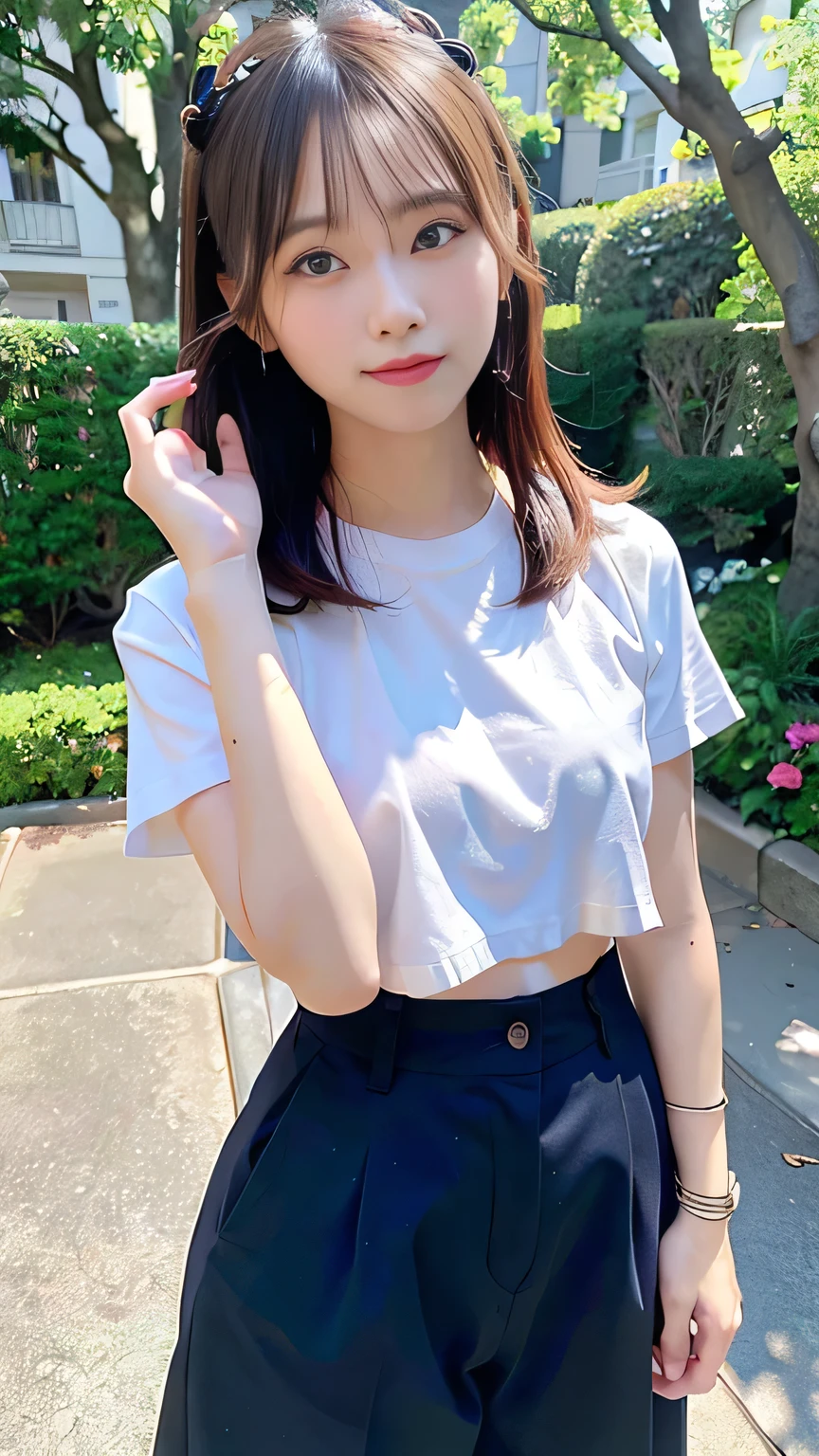 (Highest quality, 8k, 32K, masterpiece, Ultra-high resolution: 1.2), 1 girl, Beautiful Japanese Women,Cute Girl, Tight waist, Wide leg pants, White belly-baring T-shirt, 24-years-old, (Cute pose: 1.2), Beautiful Face, (Smile at someone you like), Hair blowing in the wind, Beautiful summer blue sky, Performances on the lawn.