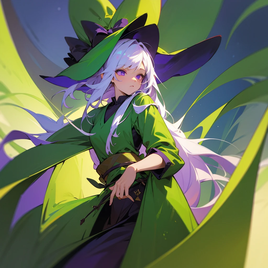 character with long white hair and purple eyes, wearing a green outfit and a green hat with a bow, a detailed painting, fantasy art