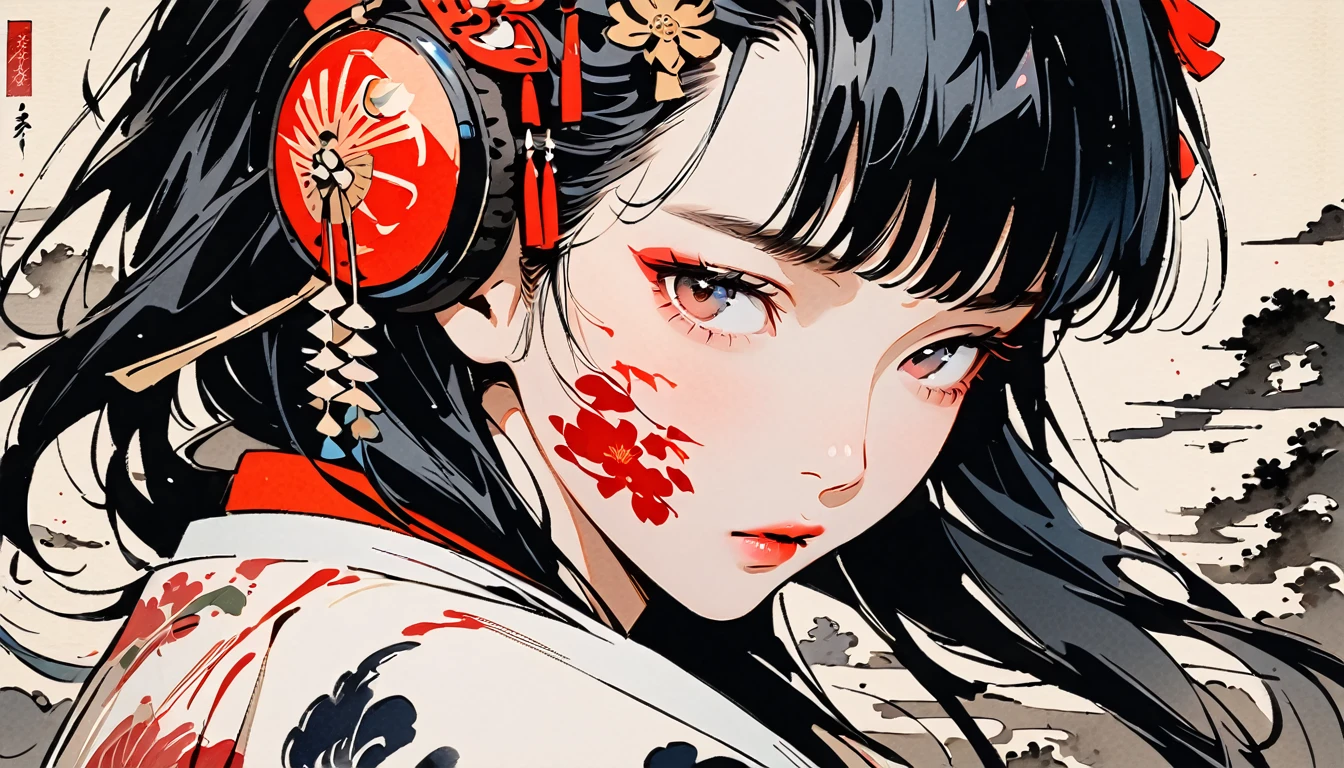 Fashion portrait color photos, Ink Painting, (((1 girl))), (((Tattoo on face))), (((Gorgeous hair accessories))), Japanese style headphones, face close-up, Japanese beautiful girl, Black Hair, Delicate and precise, Modern ukiyo-e style