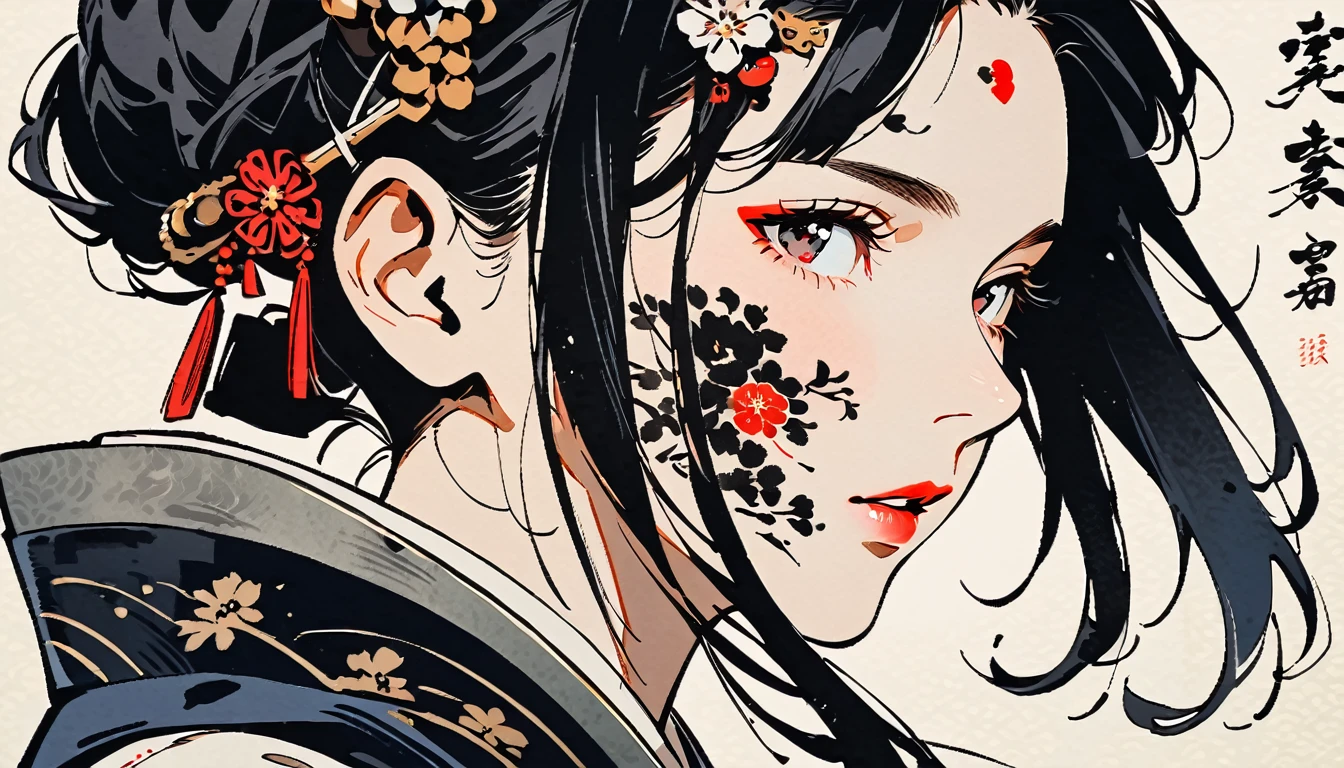 Fashion portrait color photos, Ink Painting, (((1 girl))), (((Tattoo on face))), (((Gorgeous hair accessories))), Japanese style headphones, face close-up, Japanese beautiful girl, Black Hair, Delicate and precise, Modern ukiyo-e style