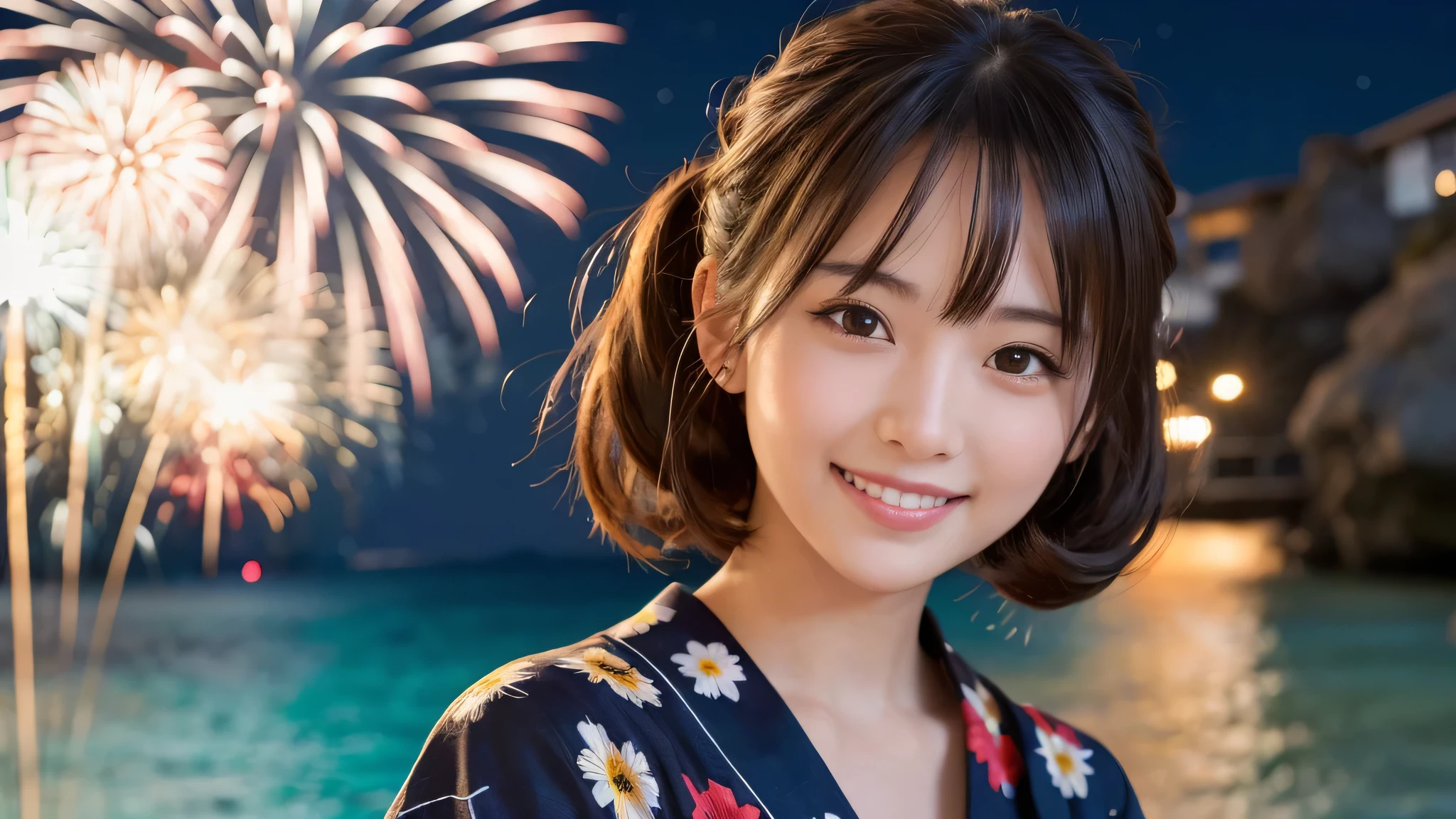 kawaii face, (1girl), (happy smile:1.2), (yukata), Updo hairstyle, (Best Quality:1.4), Realistic, extremely detailed CG unified 8k wallpaper, highly detailed, High-definition raw color photos, professional photography, Realistic portrait, Beautiful detailed, Close up portrait of girl, Outdoors, Beautiful scenery, beach, (The night sky, fireworks, beautiful fireworks spreading across the sky:1.4), so beautiful, upper body photos, amazingly beautiful sight, A wonderful, (Fine face:1.2),