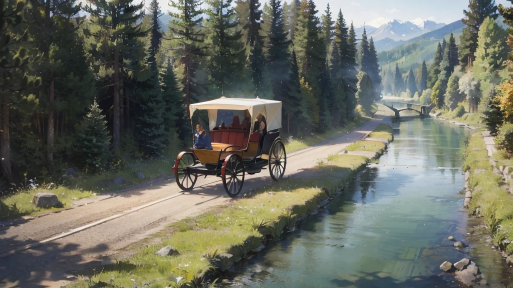 A horse-drawn carriage is running along a forest road along a river leading to a lake, passing travelers, a medieval fantasy world,