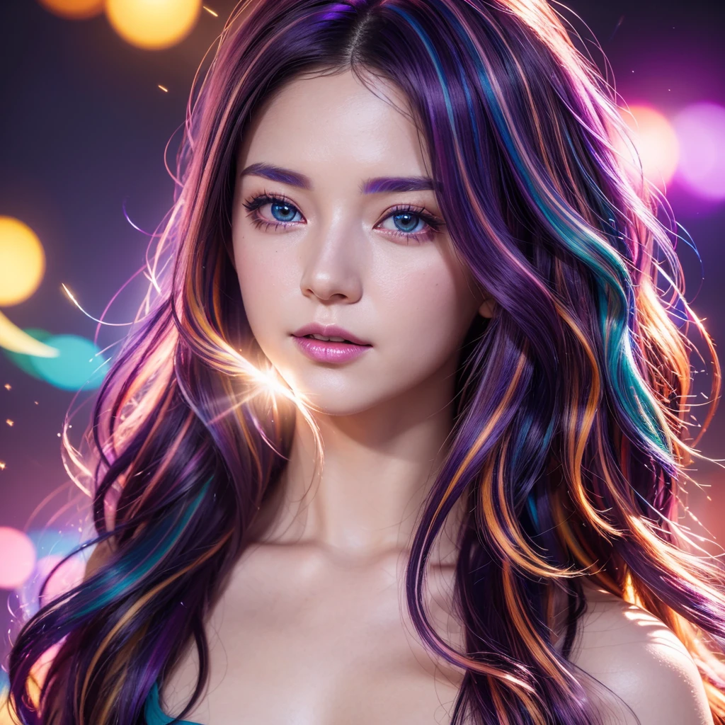 {{masterpiece}}, highest quality, Highly detailed CG Unity 8K wallpaper, cinematic lighting, Lens flare, beautiful detailed eyes, black, side line, multi-purple colored hair, colorful light, particle, heterochromia, (colorful:1.5), (colorful hair:1.5),
