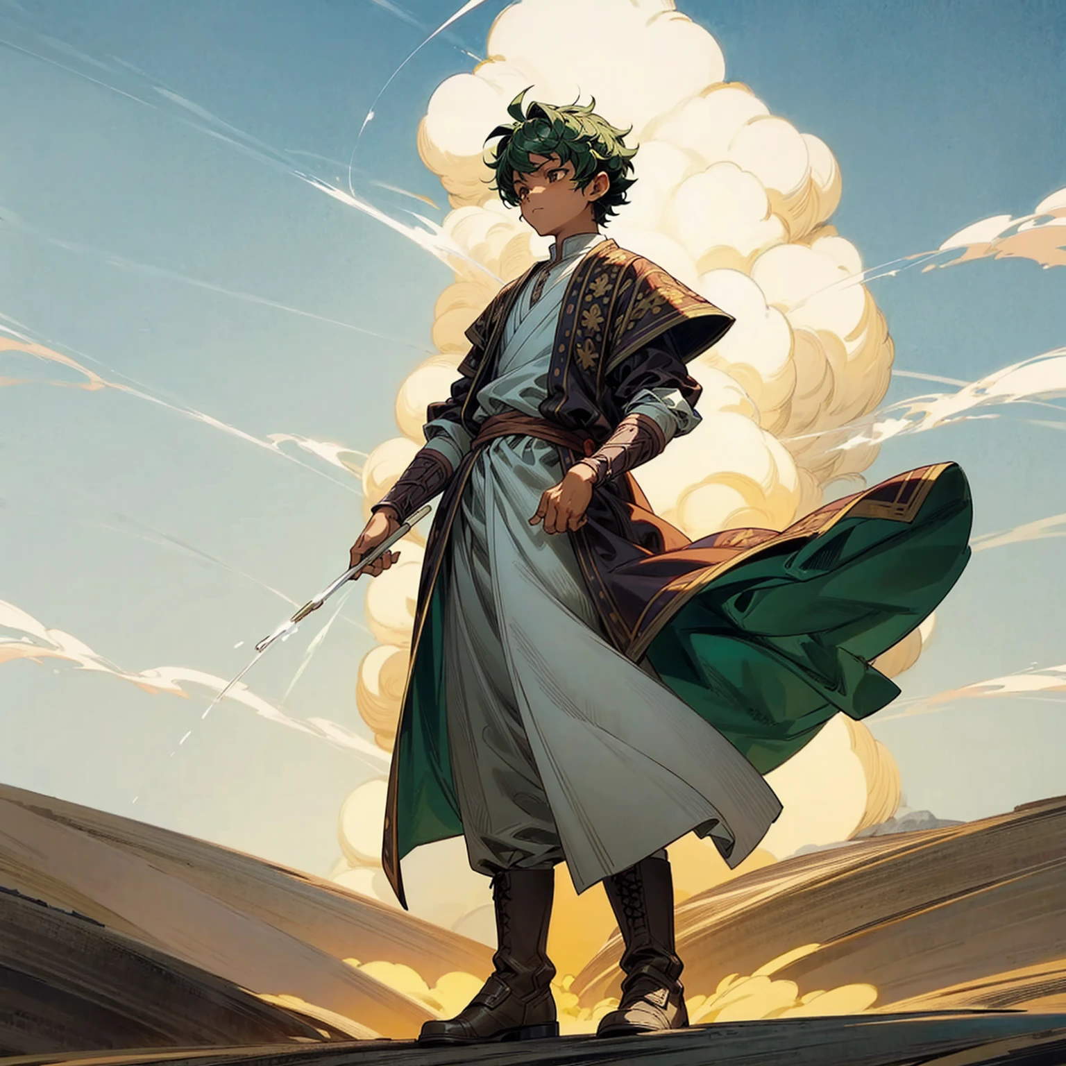 1**********, Full body version, 1character, brown eyes color, dark skin, Curly cut hairstyle, small eyes type, green colour hair, doctor ancient roman clothing style, white color clothing, white Stola, Ancient roman boots, armor vest, Grassroots background in desert, motion blur, lighting, high angle view, smoke in hand, smoke effect on hand 