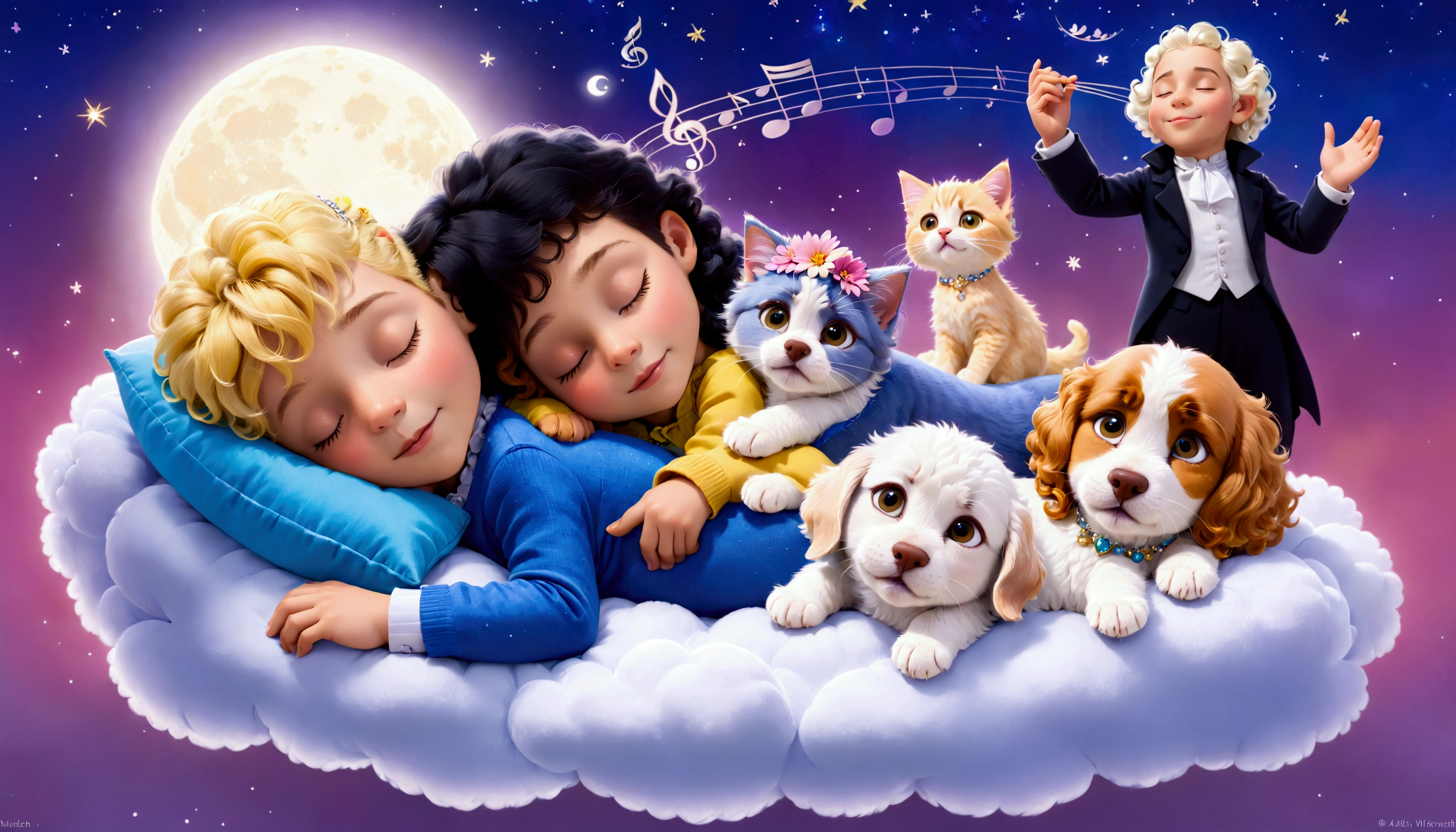 An image of a blond 5 year old boy with yellow curly hair, sleeping with a lhaza apso puppy, white with caramel spots on the eyes, paws and tail, a blue kitten, a yellow kitten with a vondutch cap and a pink kitten with a flower tiara on her head, everyone sleeps peacefully with a slight smile in their eyes, as if they were dreaming, they sleep on a cloud with a background of a beautiful starry night and a figure that represents a version of Amadeus Mozart as he is telling the characters to sleep.