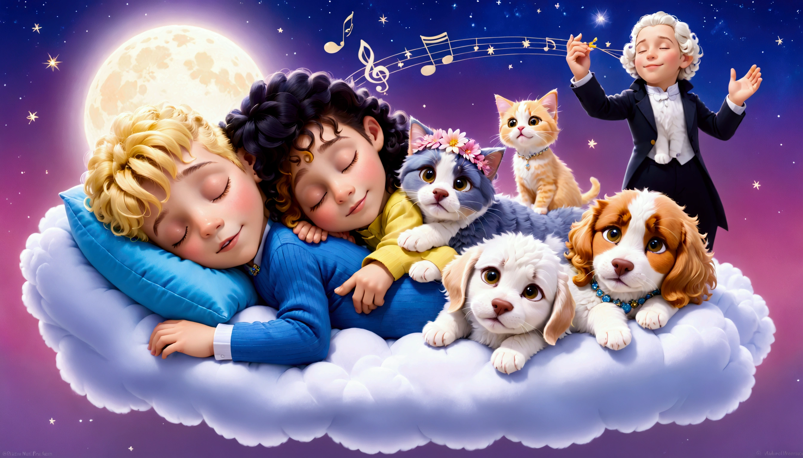 An image of a blond 5 year old boy with yellow curly hair, sleeping with a lhaza apso puppy, white with caramel spots on the eyes, paws and tail, a blue kitten, a yellow kitten with a vondutch cap and a pink kitten with a flower tiara on her head, everyone sleeps peacefully with a slight smile in their eyes, as if they were dreaming, they sleep on a cloud with a background of a beautiful starry night and a figure that represents a version of Amadeus Mozart as he is telling the characters to sleep.