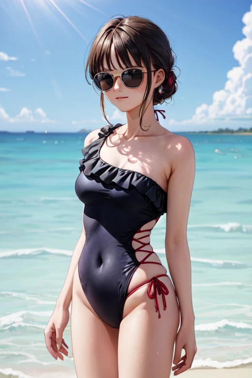 ((Highest quality)), ((masterpiece)), (detailed), Perfect Face, Perfect Arms, Perfect hands, Perfect Fingers, anime, Ultra-fine illustration, ((1 person)), (Beauty), One Shoulder One Piece Swimsuit, Black straight hair, sunglasses, Are standing, (Arms at your sides), Ocean, Beach, summer, noon, blue sky, Outdoor, Upper Body Shot,