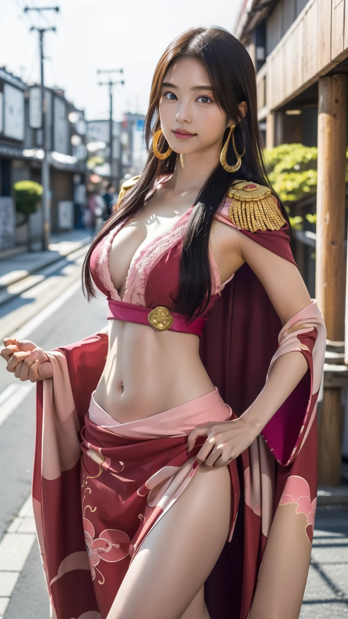 Moisturized Skin、(Pink and bright eyes),(Condescending to people)、Perfect body、
BREAK,
(Beautiful navel),(Side slits),(Epaulettes), Cape, Crop top,Cape,
BREAK,
(Super long hair),(Large gold curved earrings:1.2),
BREAK,
(((masterpiece+Highest quality+High resolution+Very detailed))), (whole body:1.2),Symmetrical,One Cut,
BREAK,
(In the streets of Japan:1.3),
BREAK、
(ONE PIECE)、(Kasumi Arimura:1.4),(Boa Hancock:1.3),((Big snake)),