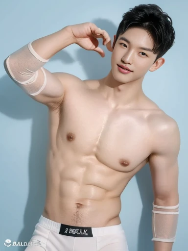 Japanese male model in thin white underwear, Take the whole body, Quiv haircut, Look at the camera, Detailed parts of the face, Manly, charming, Active Boy, Standing in front of a gray background, Freestyle moves, happy expression, perfect anatomy, Symmetrical body, Asia boy 19 years old, shirtless :: Highly detailed, Asia, a little six packs charming body, realistic, human skin, short hairstyle, handsome chad chin, shirtless, handsome, charming, Be a man, sexually charming, human skin, (Make eye contact), handsome, charming