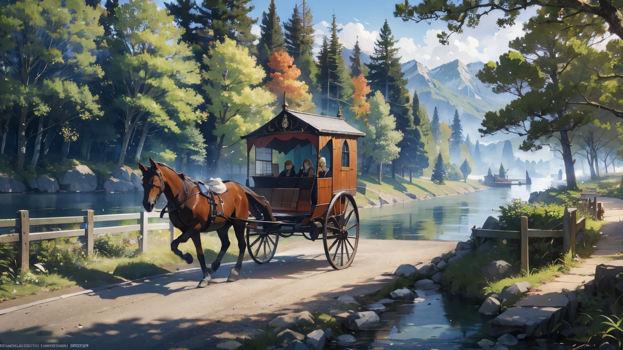 A horse-drawn carriage is running along a forest road along a river leading to a lake, passing travelers, a medieval fantasy world,